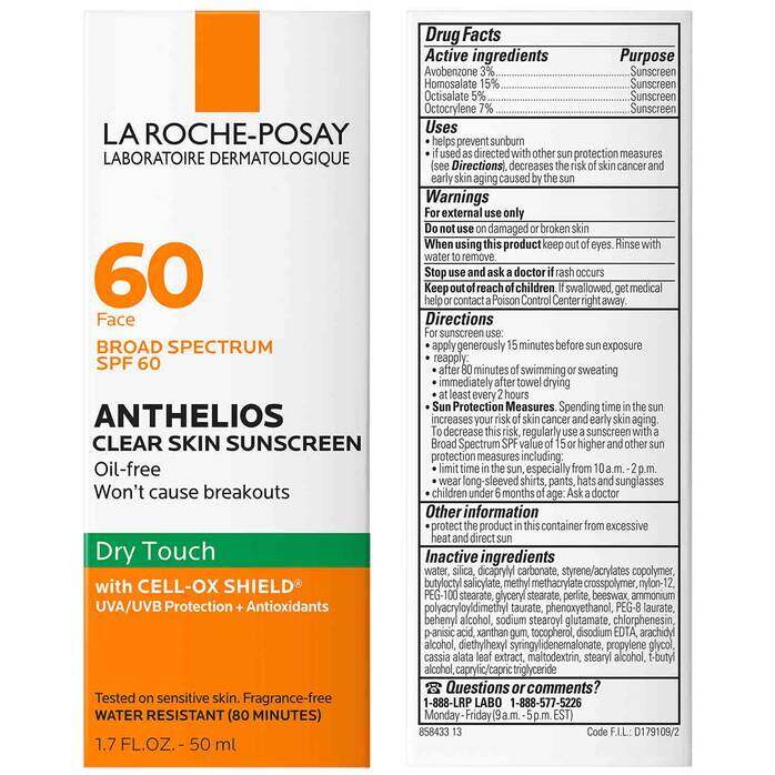 LA ROCHE POSAY Face SPF 60 Oil Free Dry Touch 50 ml ANTHELIOS CLEAR SKIN SUNSCREEN กันแดด จากอเมริกา ซึมเร็ว ไม่มัน ลาโรช โพเซย์