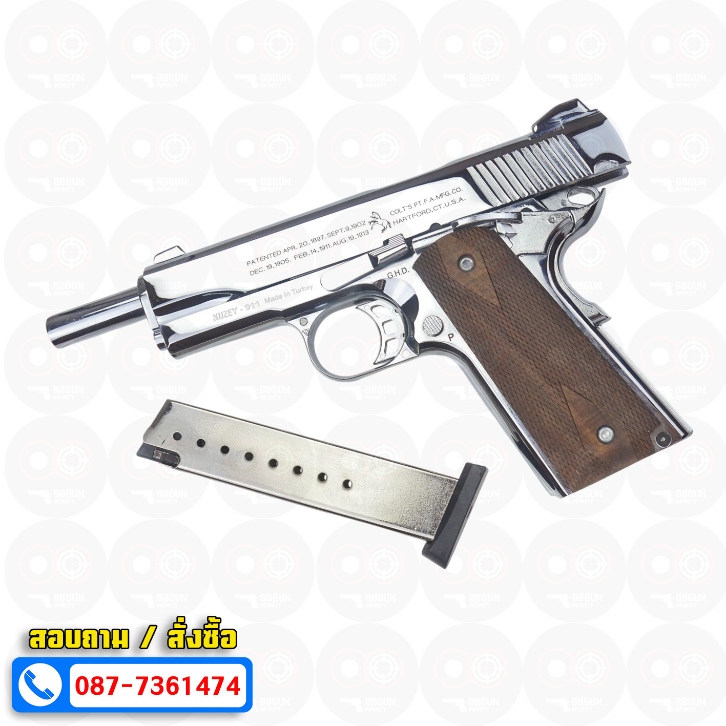 แบลงค์กัน KUZEY M1911 COLT'S 100 ปี สีเงินเงา ลำกกล้อง 5 นิ้ว blank gun ด้ามไม้