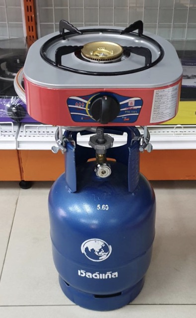 LUCKY FLAME เตาแก๊สลัคกี้เฟลม รุ่น PN-101P พร้อมถังเวิลด์ 4 กก. ไม่รวมน้ำแก๊ส ขาตั้งอยู่ใต้ฝาสีเทา