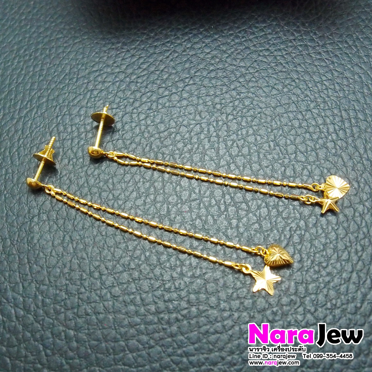 ต่างหูทองแท้ 18K ตุ้งติ้งสายคู่ รูปหัวใจ และ ดาว แบบน่ารักๆ ใส่แล้วดูสวยใสๆ