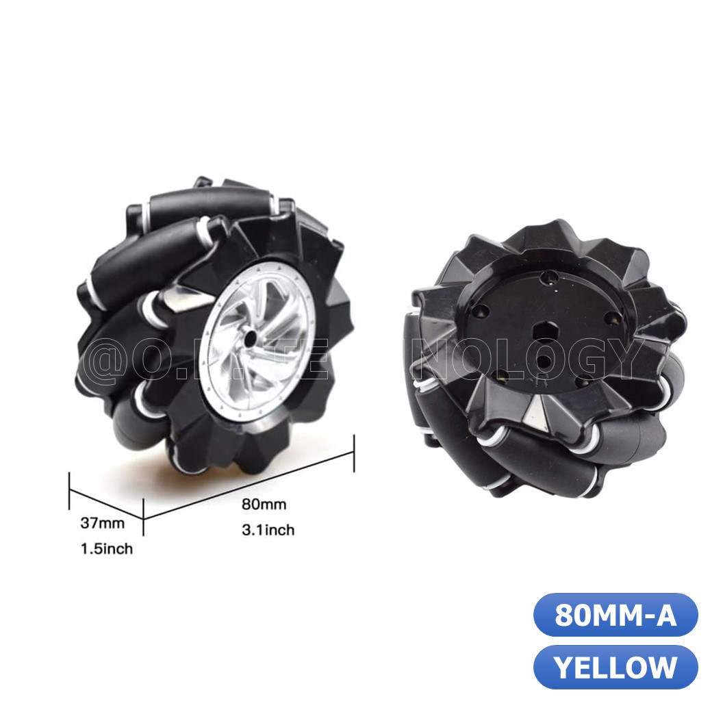 (1ชุด มี 2ล้อ-ซ้าย,ขวา) AD150 ชุดล้อ แมคคานัม ล้อหมุนรอบทิศทาง ขนาด 80MM-A สีเหลือง (ไม่รวม แกนล้อ) Yellow Mecanum Wheel 80MM-A (Not include couplings)