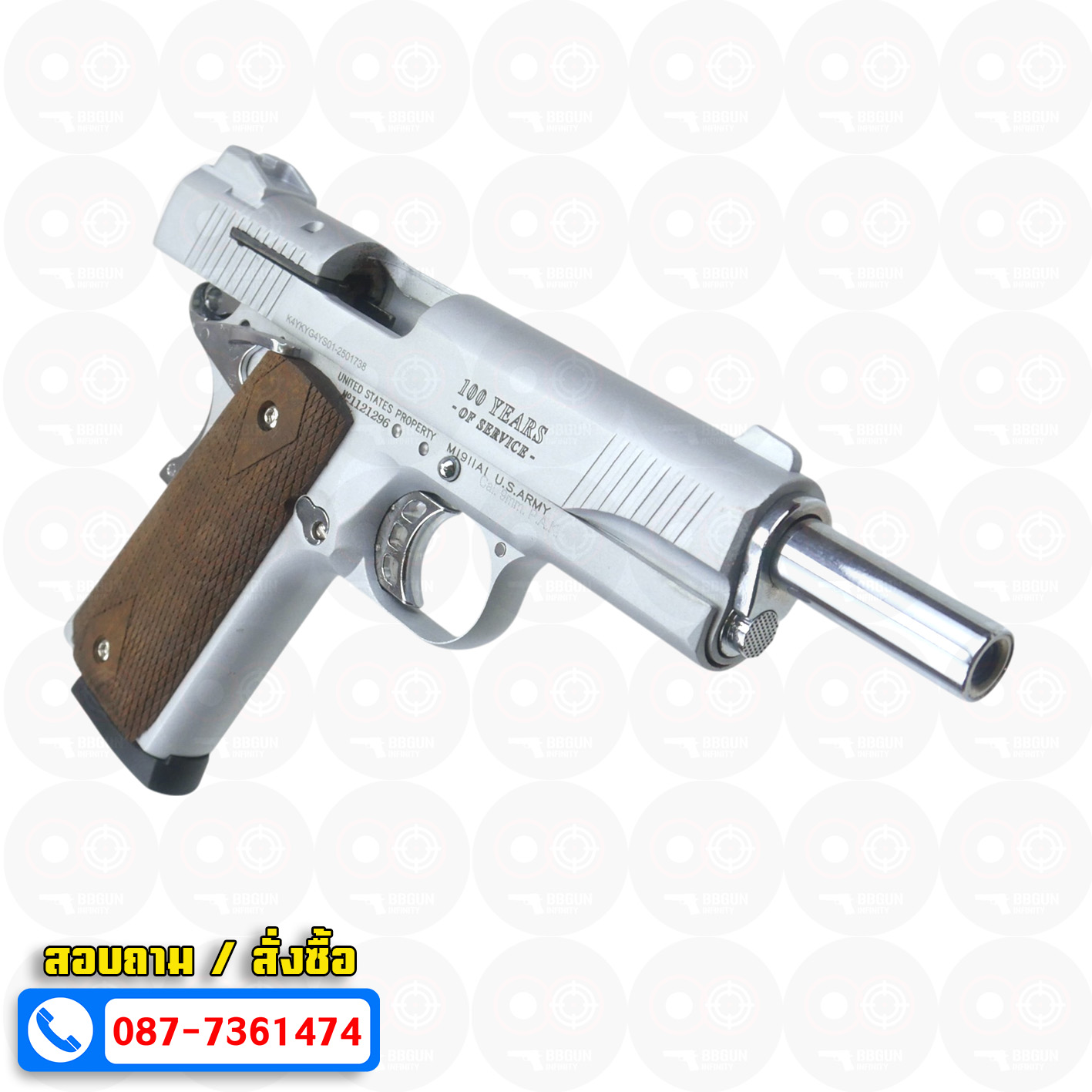 แบลงค์กัน KUZEY M1911 COLT GOVERMENT 100 Year สีเงินด้าน ลำกล้อง 5 นิ้ว blank gun ด้ามไม้