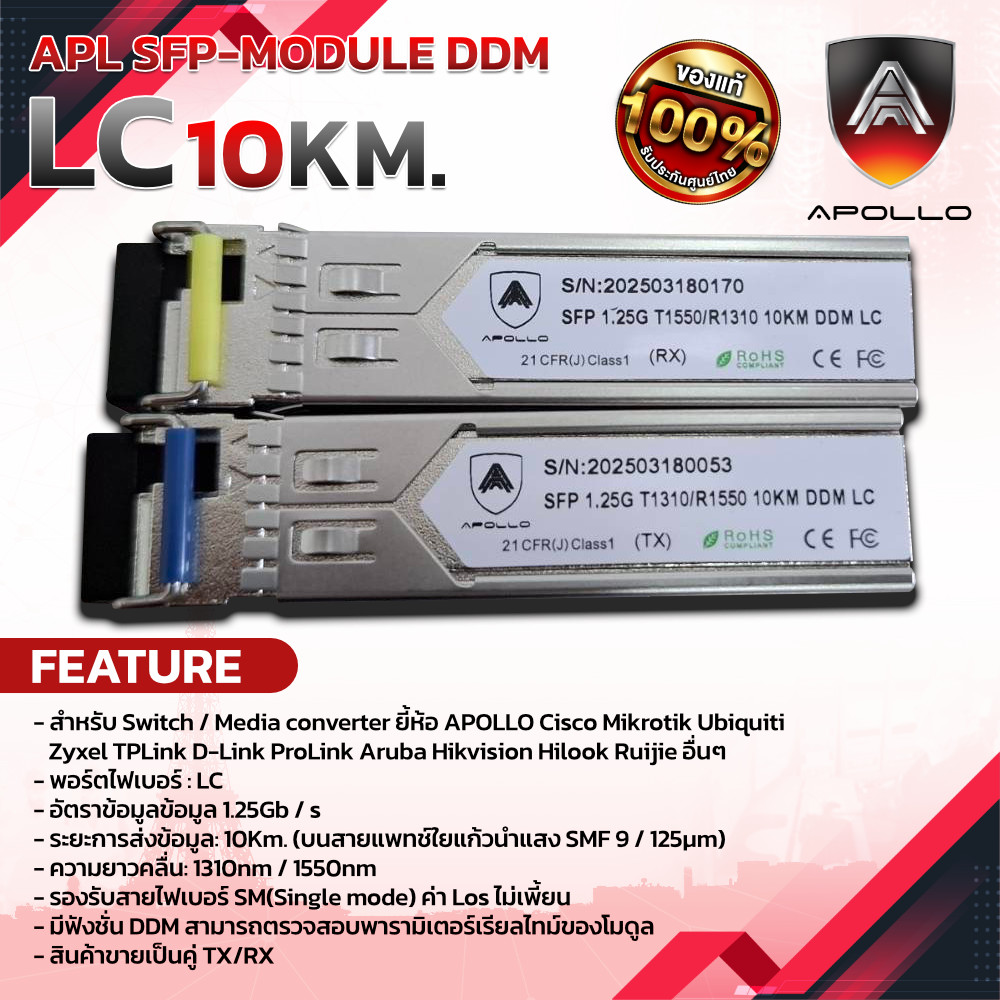 APOLLO SFP-Module 1.25Gb. ระยะส่ง 10Km. ช่อง LC สินค้าขายเป็นคู่ TX/RX