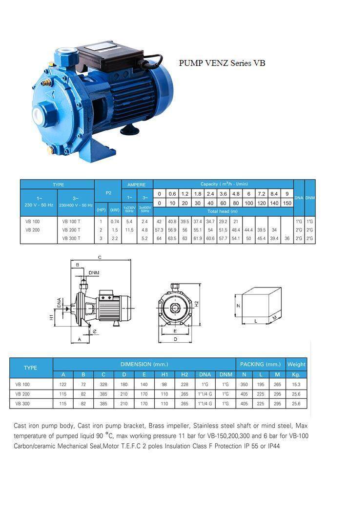 Venz ปั๊มน้ำหอยโข่ง แบบใบพัดคู่ 1 แรง ขนาด 1x1 นิ้ว 220V รุ่น VB-100 พร้อมชุดอุปกรณ์ต่อปั๊มน้ำ