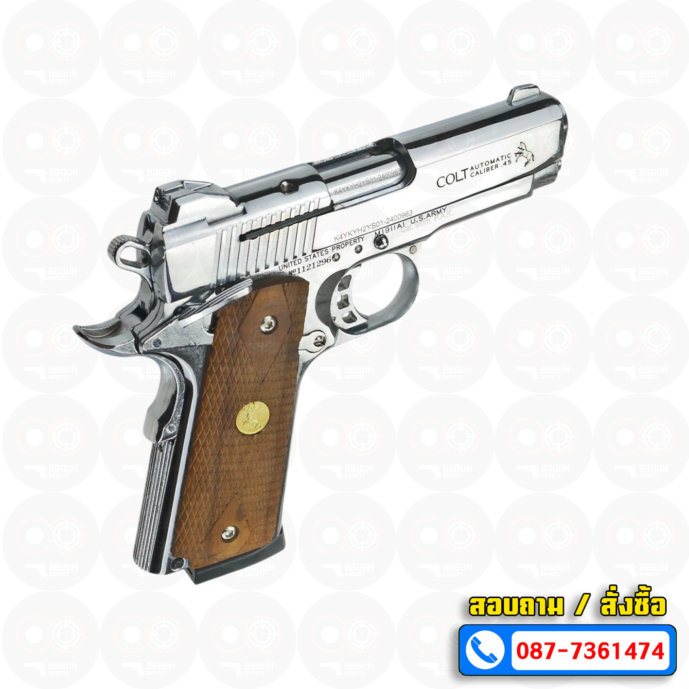 Blank Gun KUZEY M1911 COLT MK IV SERIES 80 ลำกล้อง 4 นิ้ว เงินเงา แบลงค์กัน ด้ามไม้ (แถมกล่องใส่ปืน)