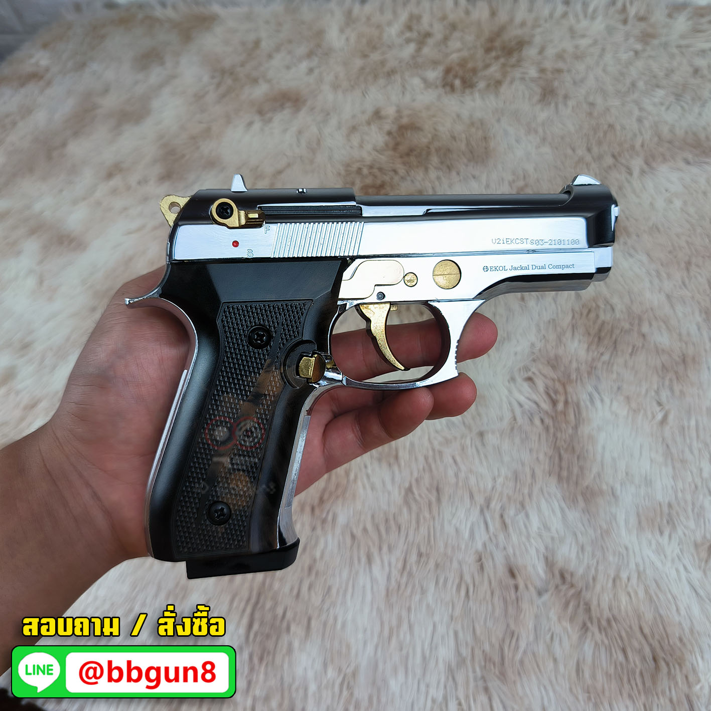 EKOL Jackal Dual Compact M92 4" (Full Auto) สีเงินเงา-ทอง แบลงค์กันบาเร็ตต้า 9 mm.P.A.K. (ฟูลออโต้) (แถมกล่องใส่ปืน แม็กกาซีน 2 อัน)