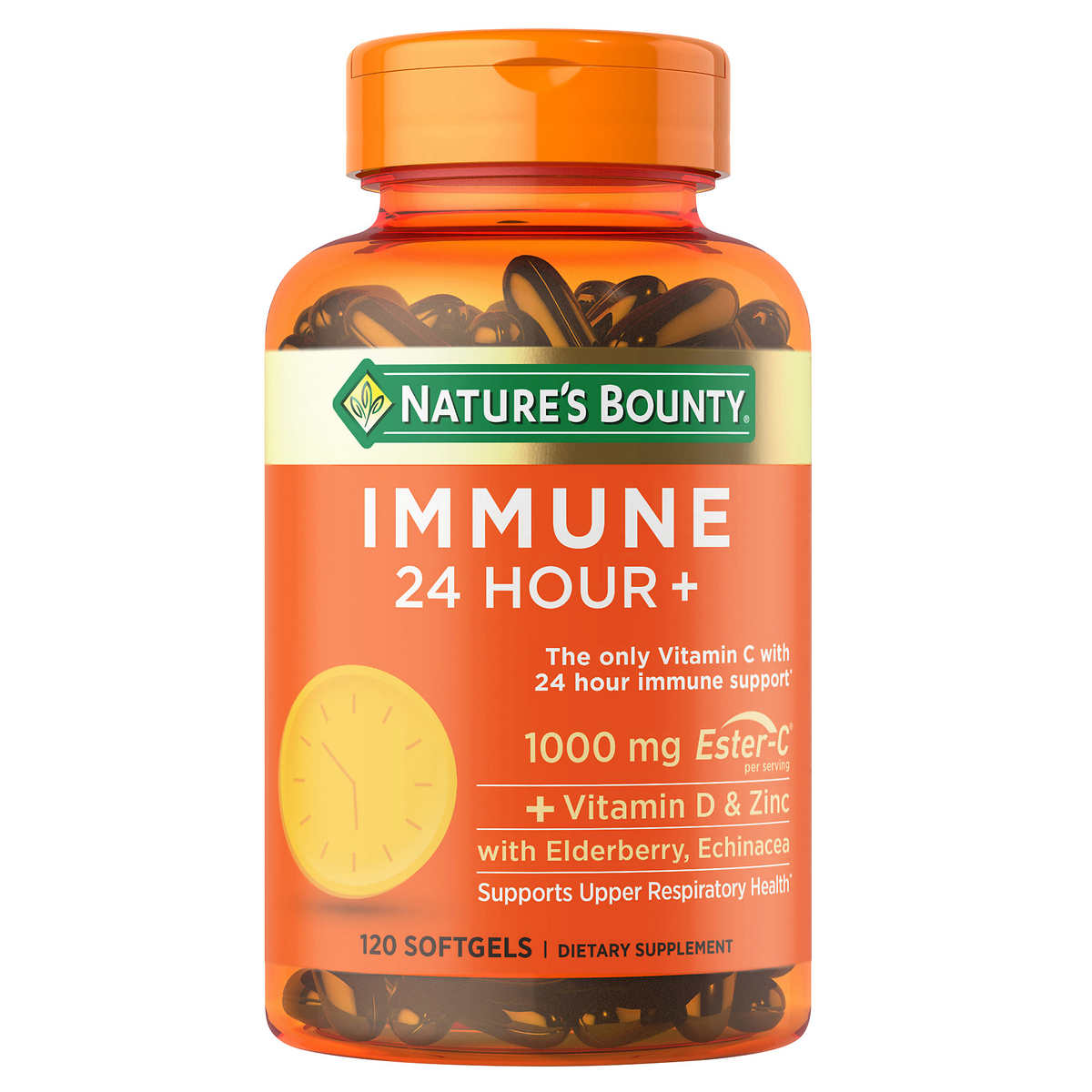 ขวดใหญ่ Nature's Bounty IMMUNE 24 Hours + 120 เม็ด Vitamin C, Vitamin D, Zinc, Elderberry, Echinacea เสริมสร้างภูมิคุ้มกัน