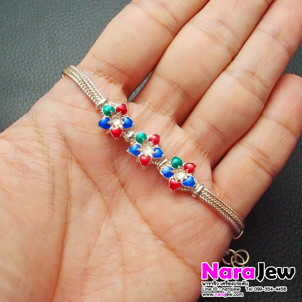 สร้อยข้อมือ ดอกพิกุลลงยาราชาวดี งานสุโขทัย เรือนเงินแท้ 925