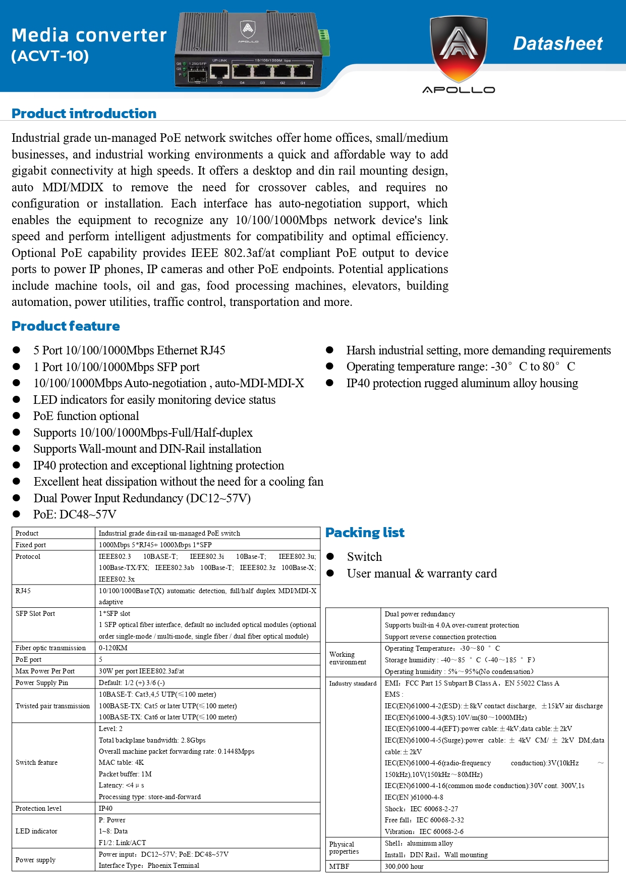 ACVT-10 10/100/1000 Mbps Media Converter PoE