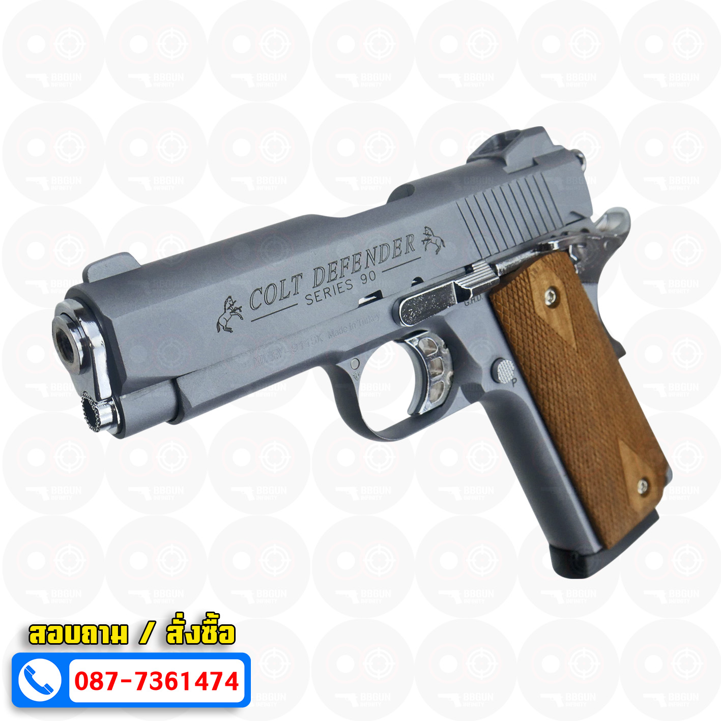 แบลงค์กัน KUZEY M1911 COLT'S DEFENDER SERIES 90 สีสโมค 4 นิ้ว ด้ามไม้ Blank Gun