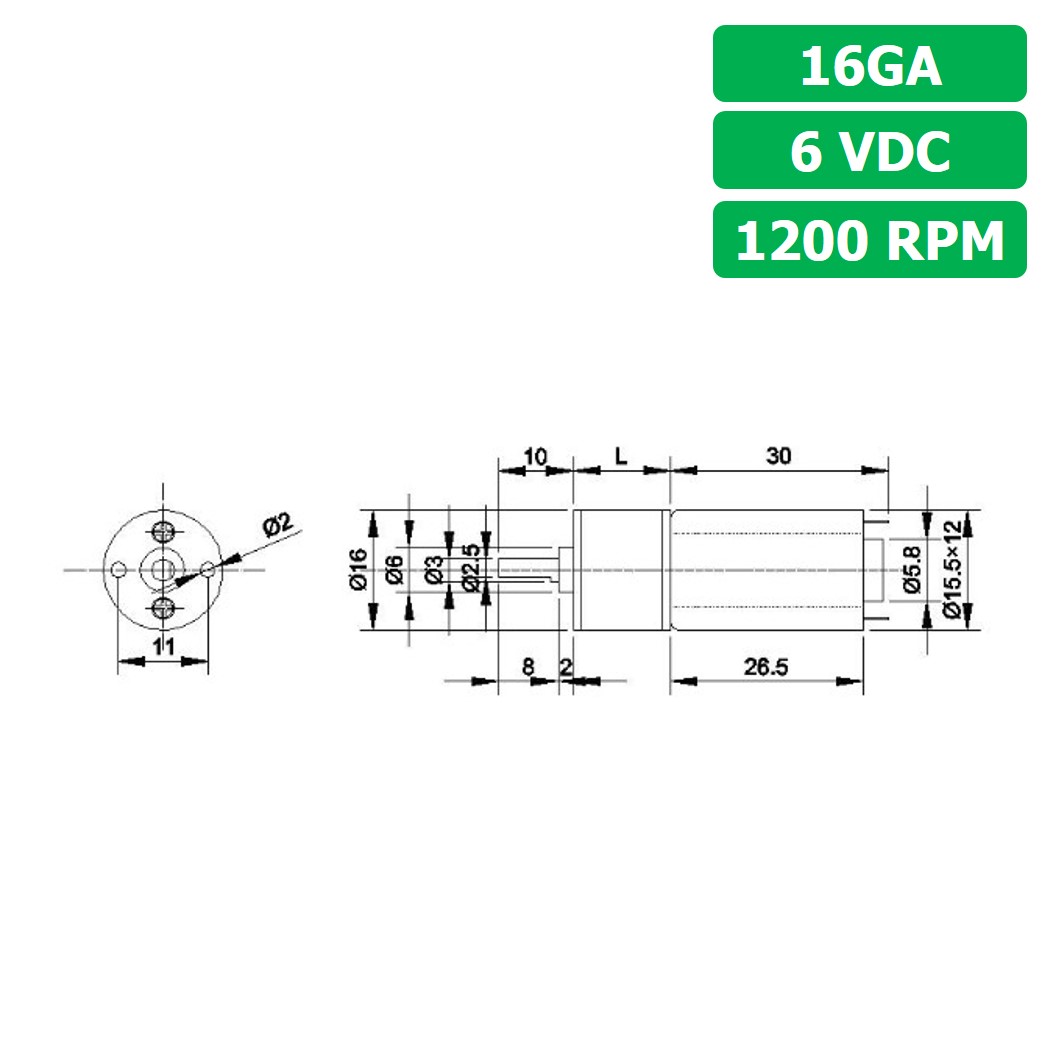 (1ชิ้น) 16GA 6VDC 1200RPM มอเตอร์ มอเตอร์เกียร์ Gear Motor DC 16GA แกนขนาด 3mm D Shaft มอเตอร์ทดเฟือง มอเตอร์รถ