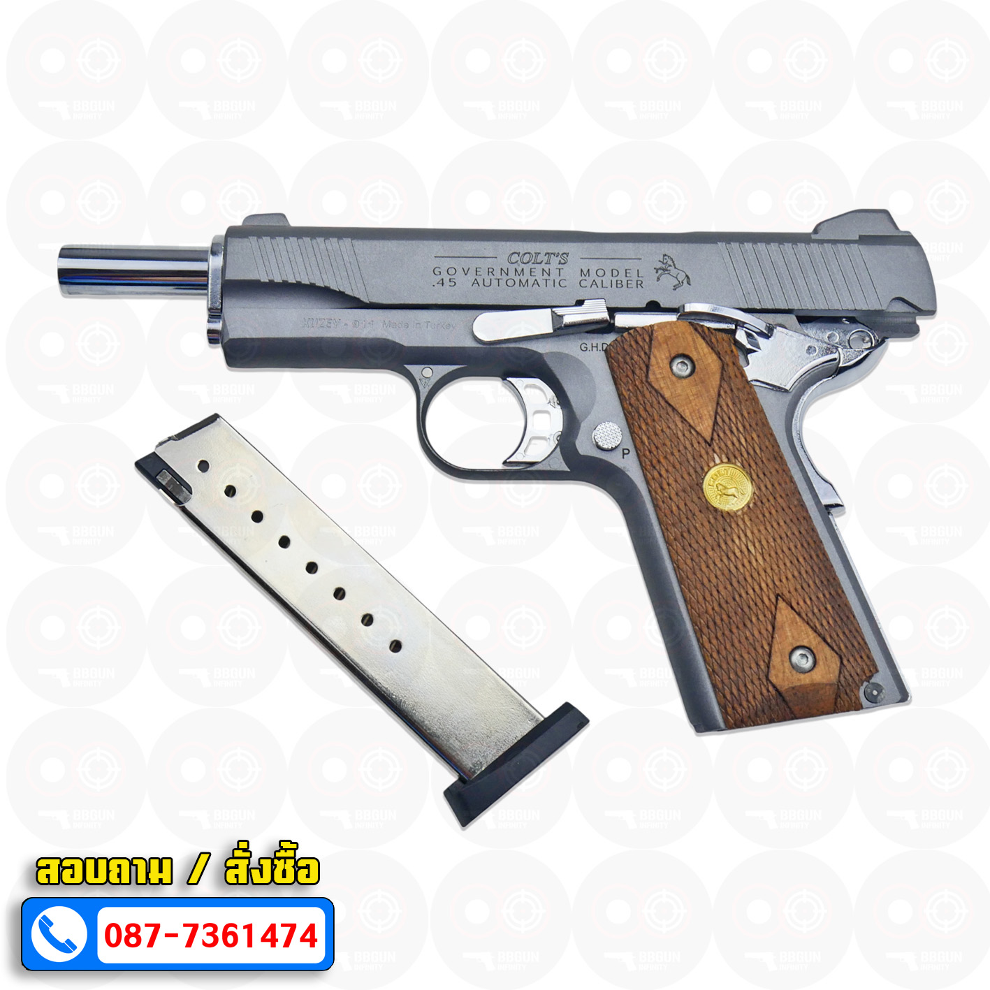 แบลงค์กัน KUZEY M1911 5 นิ้ว COLT GOVERMENT 100 Year สีสโมค blank gun ด้ามไม้ (แถมกล่องใส่ปืน)
