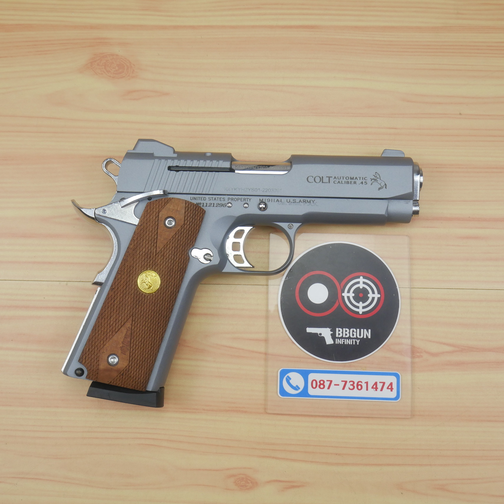 แบลงค์กัน KUZEY M1911 COLT'S DEFENDER SERIES 90 สีสโมค 4 นิ้ว ด้ามไม้ Blank Gun
