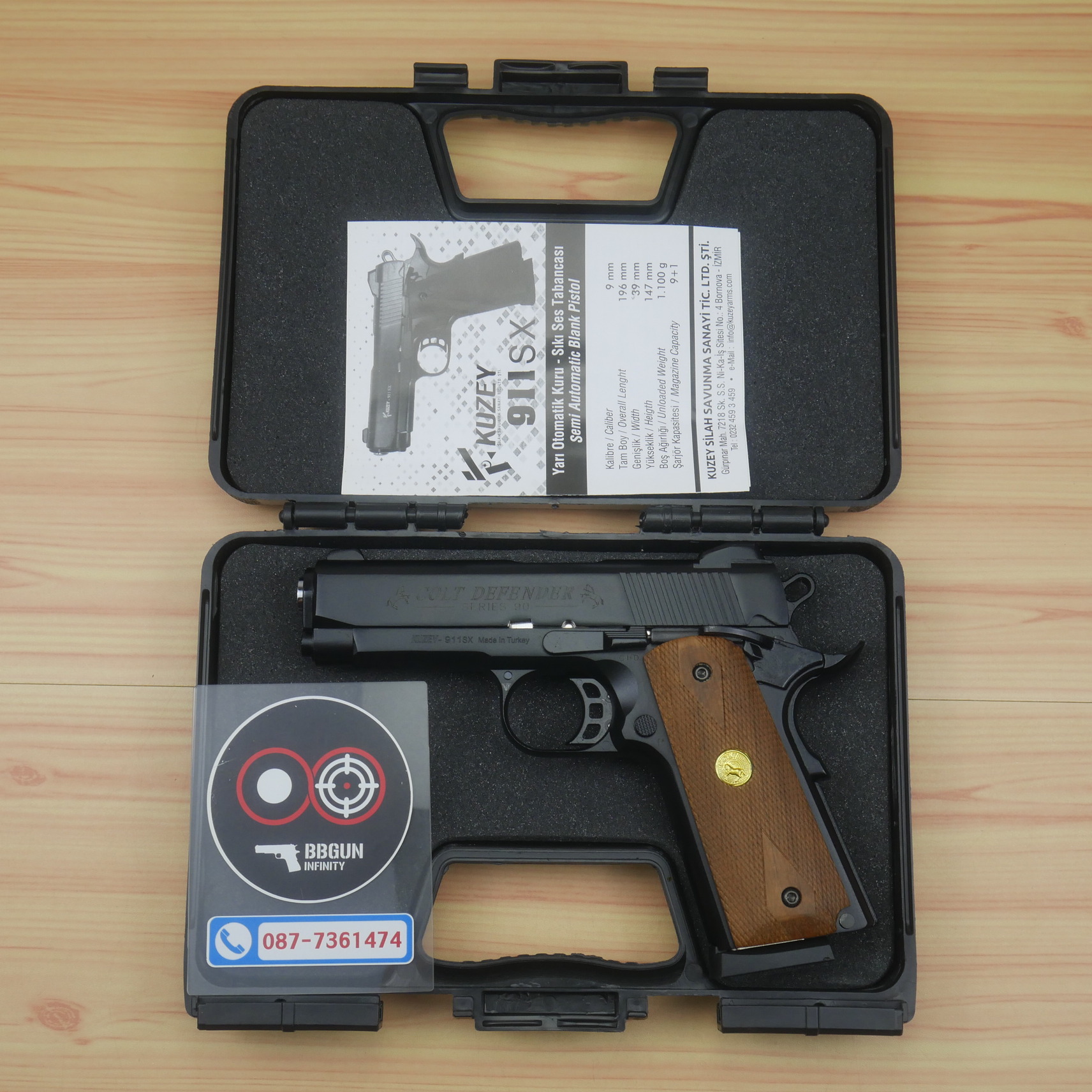 แบลงค์กัน KUZEY M1911 COLT'S DEFENDER SERIES 90 สีดำ 4 นิ้ว ด้ามไม้ Blank Gun