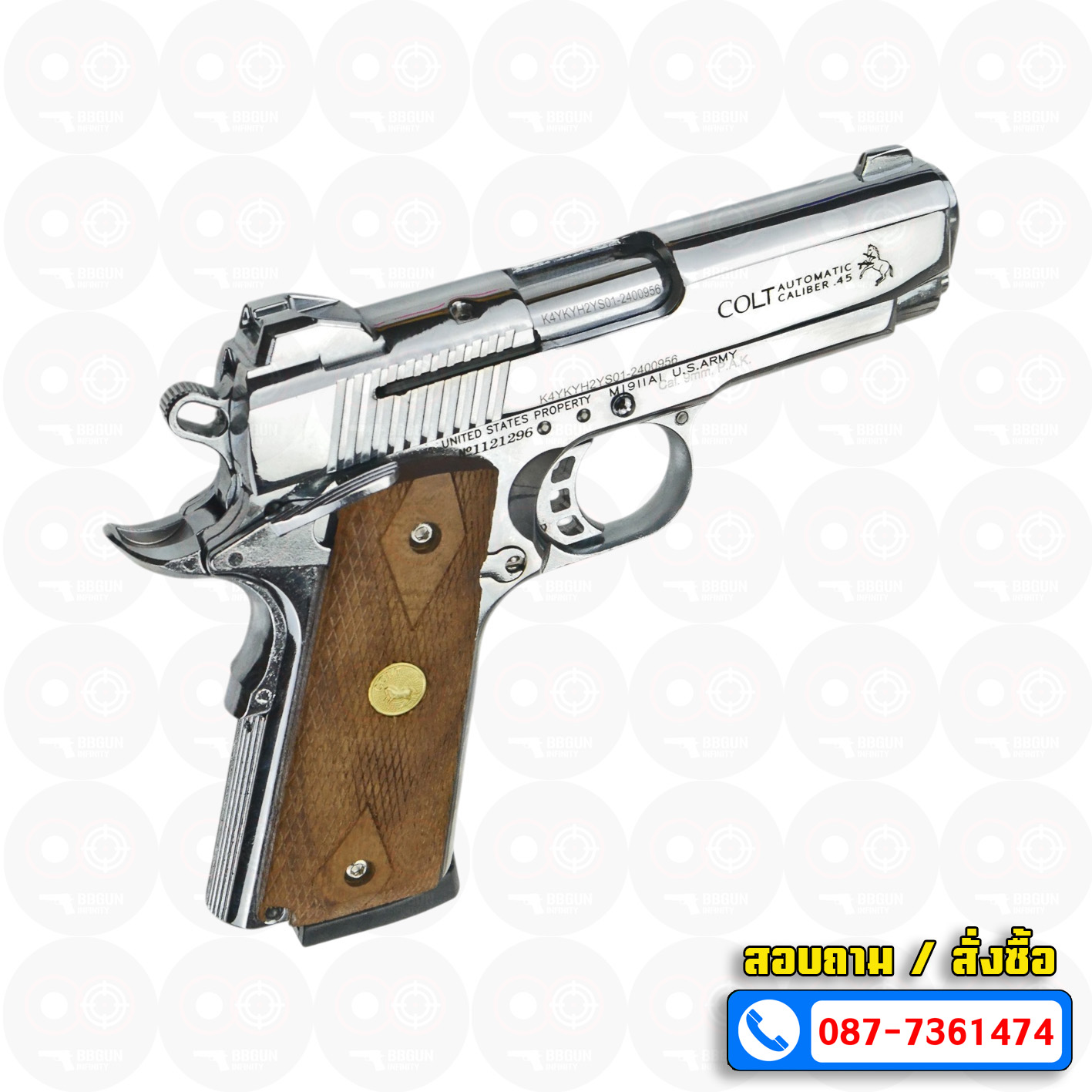 Blank Gun KUZEY M1911 COLT'S DEFENDER SERIES 90 ลำกล้อง 4 นิ้ว เงินเงา แบลงค์กัน ด้ามไม้ (แถมกล่องใส่ปืน)