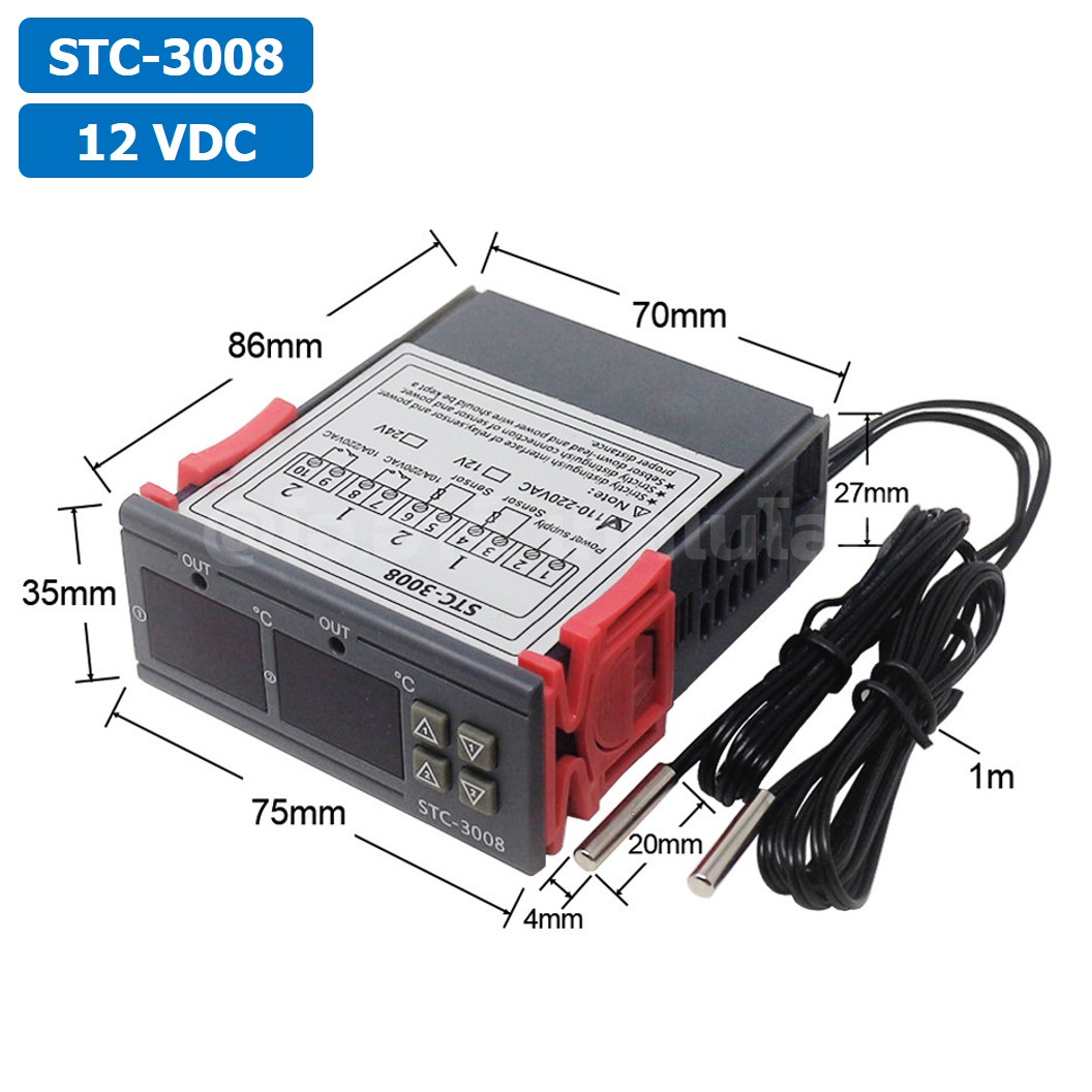 STC-3008 12VDC เครื่องควบคุมอุณหภูมิ 2ช่อง NTC Dual Digital Temperature Controller ตัวควบคุมอุณหภูมิ Control Regulator Heating/Cooling