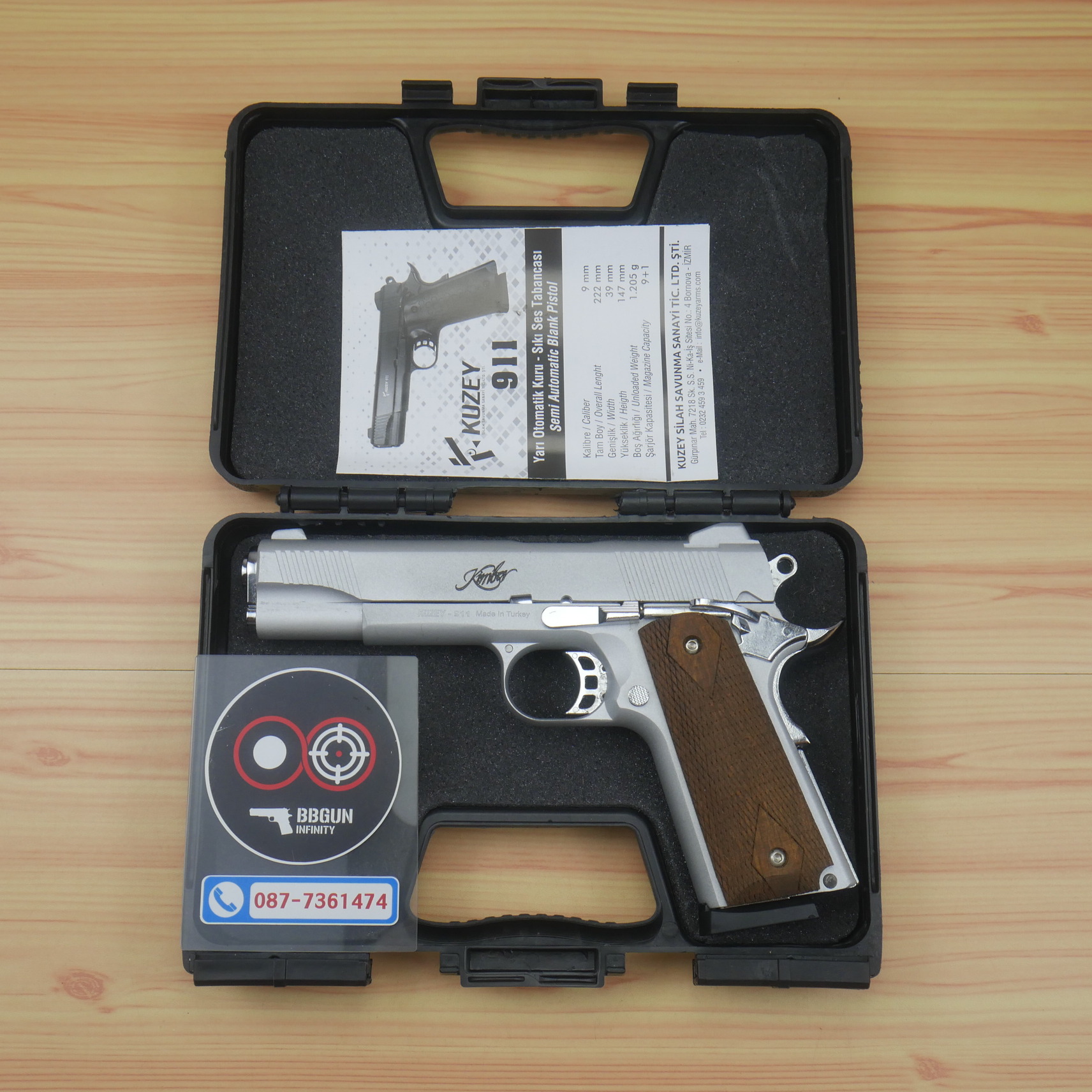 แบลงค์กัน KUZEY M1911 KIMBER สีเงินด้าน 5 นิ้ว ด้ามไม้ blank gun