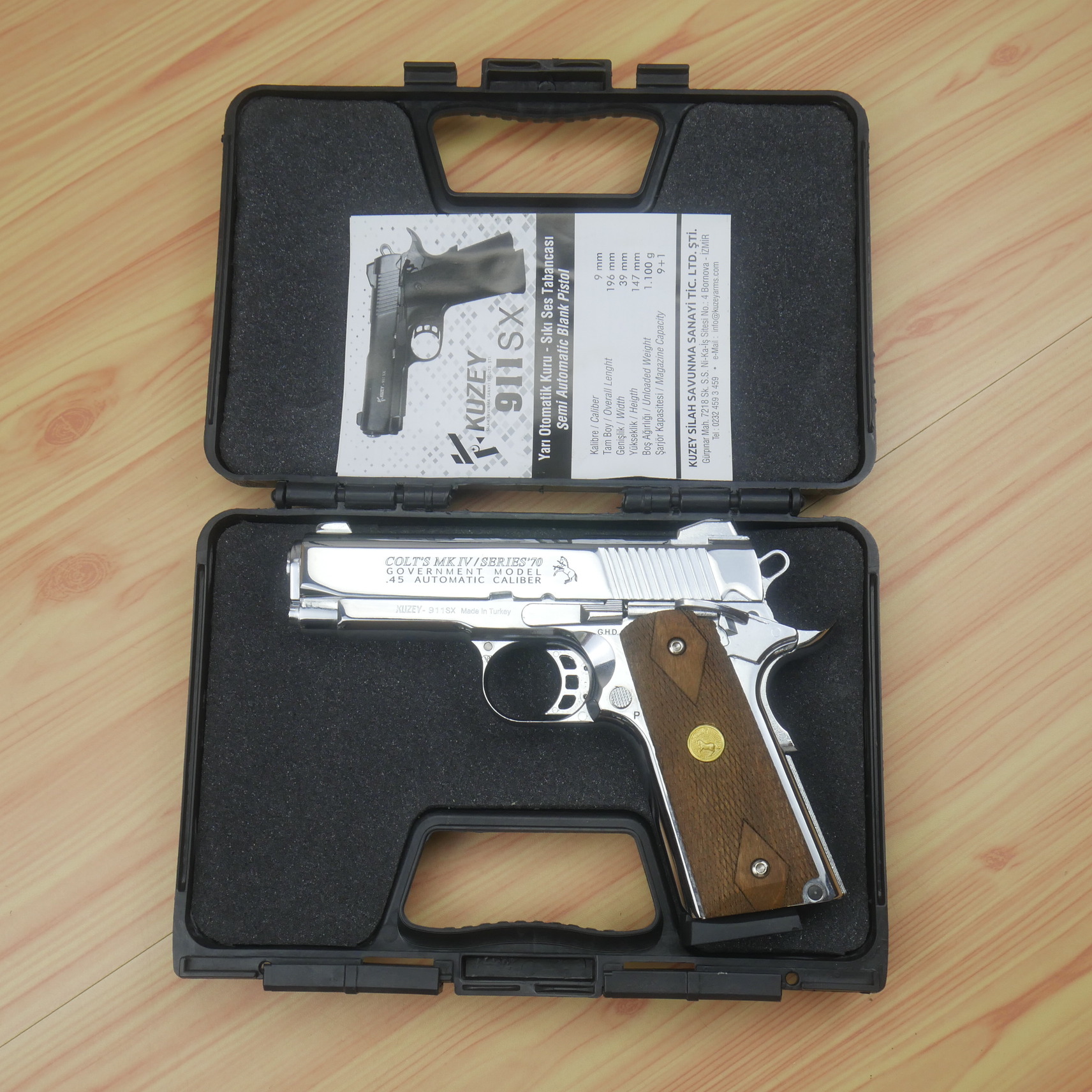 แบลงค์กัน KUZEY M1911 COLT MK IV SR70 สีเงินเงา 4 นิ้ว ด้ามไม้ blank gun