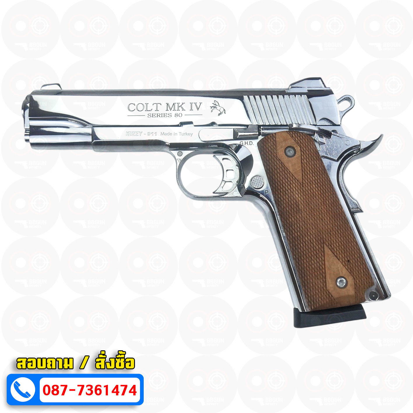 แบลงค์กัน KUZEY M1911 COLT'S MK IV SERIES 80 blank gun สีเงินเงา ลำกล้อง 5 นิ้ว ด้ามไม้