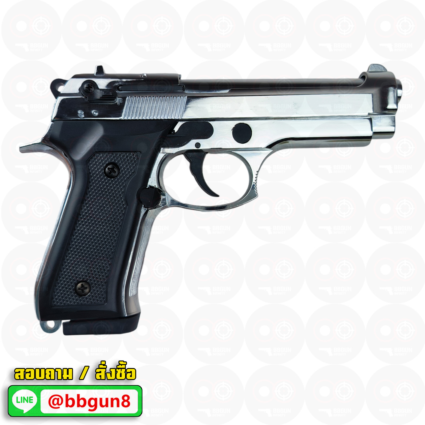 แบลงค์กัน BLOW F92 AUTO SHINY CHROME สีเงินเงา Blank Gun ( 2 แม็กกาซีน + กล่องปืน )