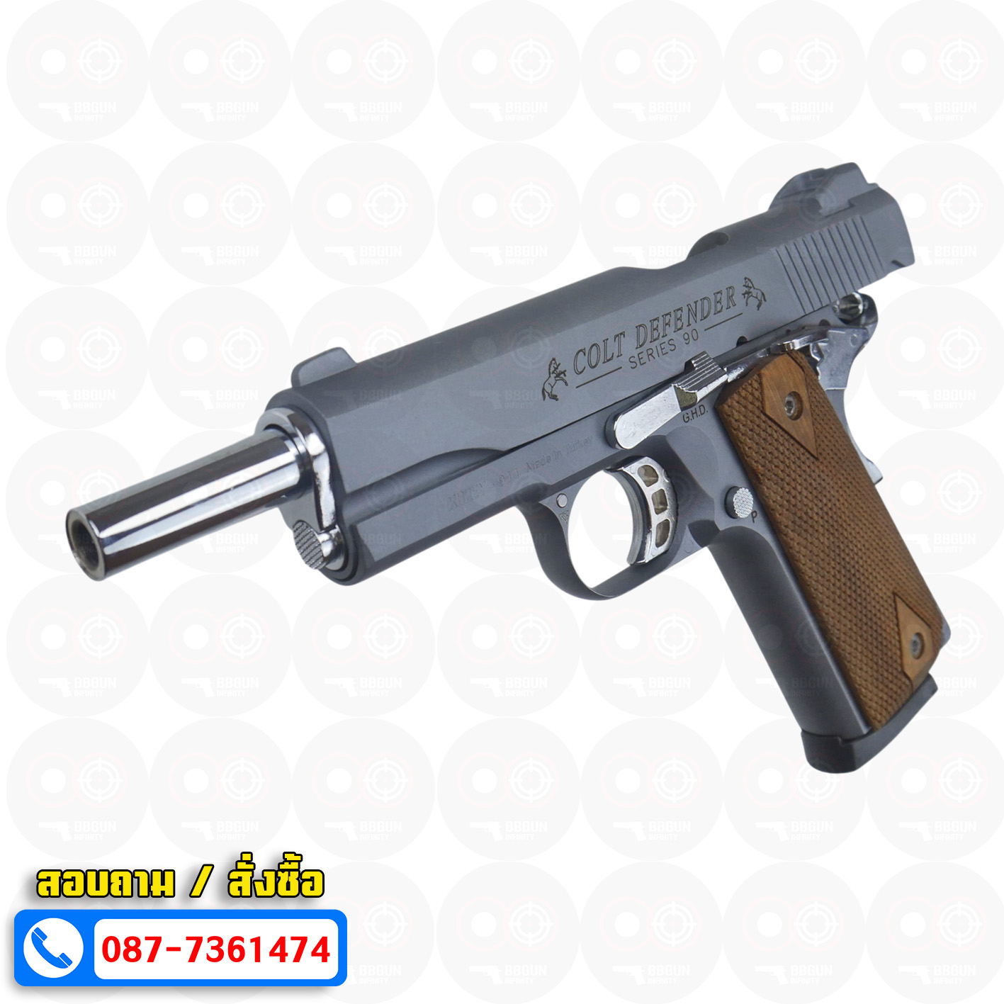 Blank Gun KUZEY M1911 COLT'S DEFENDER SERIES 90 ลำกล้อง 5 นิ้ว สีสโมค แบลงค์กัน ด้ามไม้ (แถมกล่องใส่ปืน)