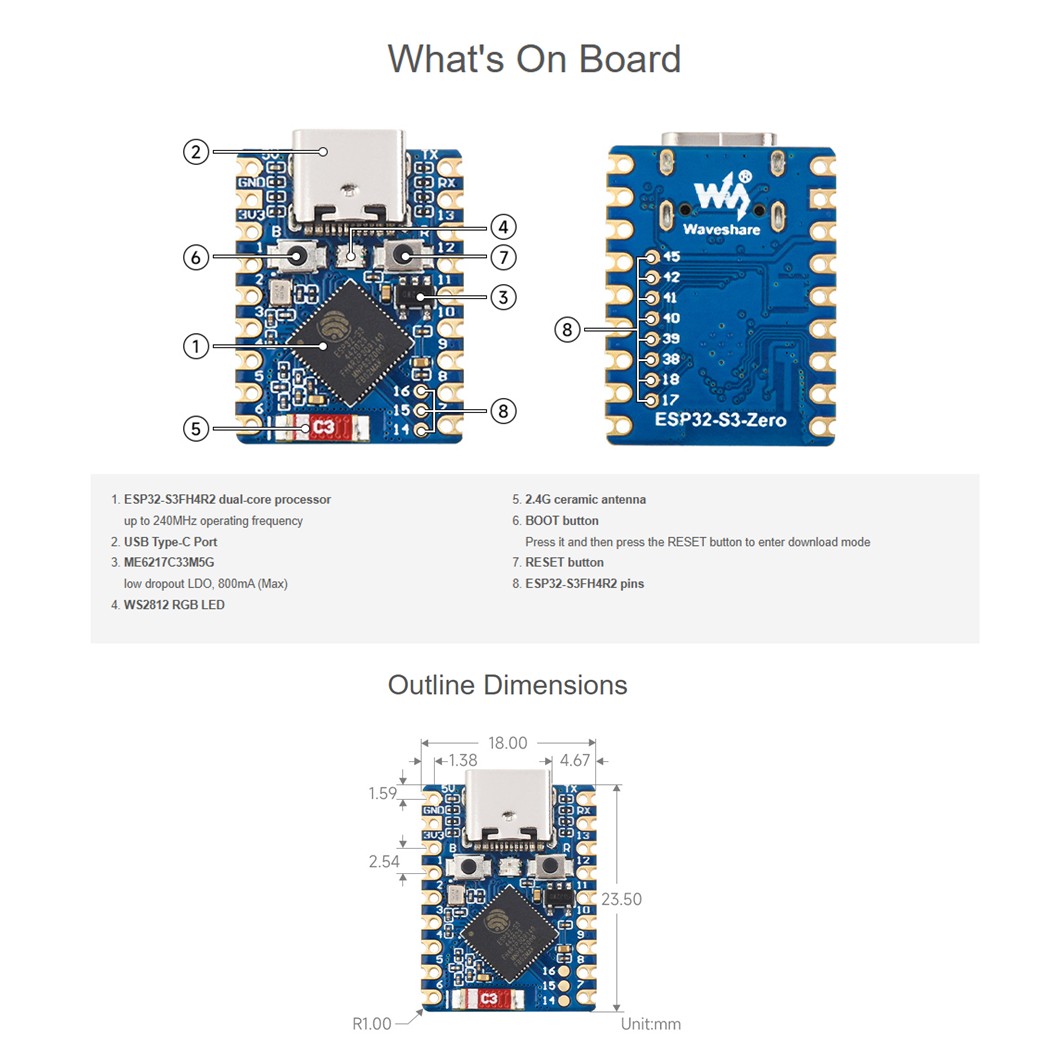 บอร์ด ESP32-S3-Zero ESP32-S3 แบบบัดกรีขา/ไม่บัดกรีขา Mini Development Board Dual-core processor 240MHz with Solder pin header/ without pin header Solderless
