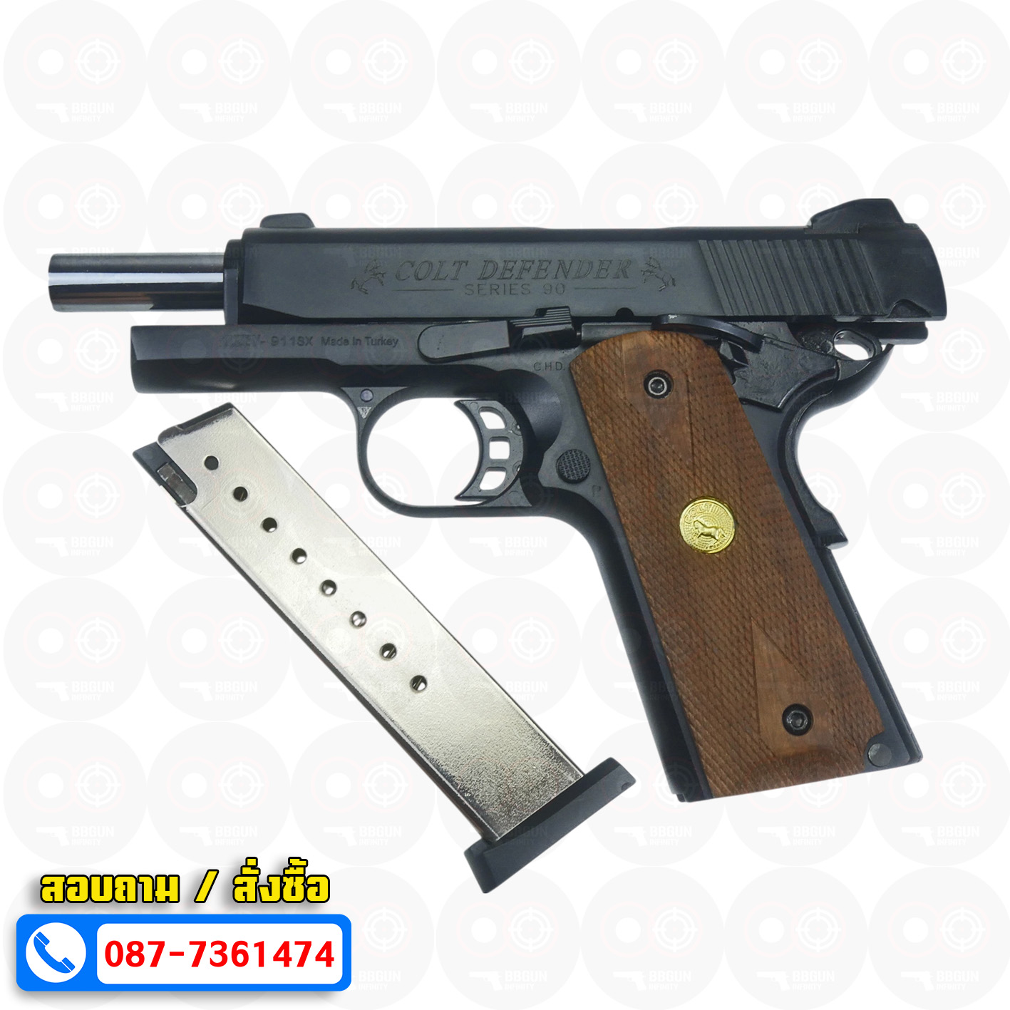 แบลงค์กัน KUZEY M1911 COLT'S DEFENDER SERIES 90 สีดำ 4 นิ้ว ด้ามไม้ Blank Gun
