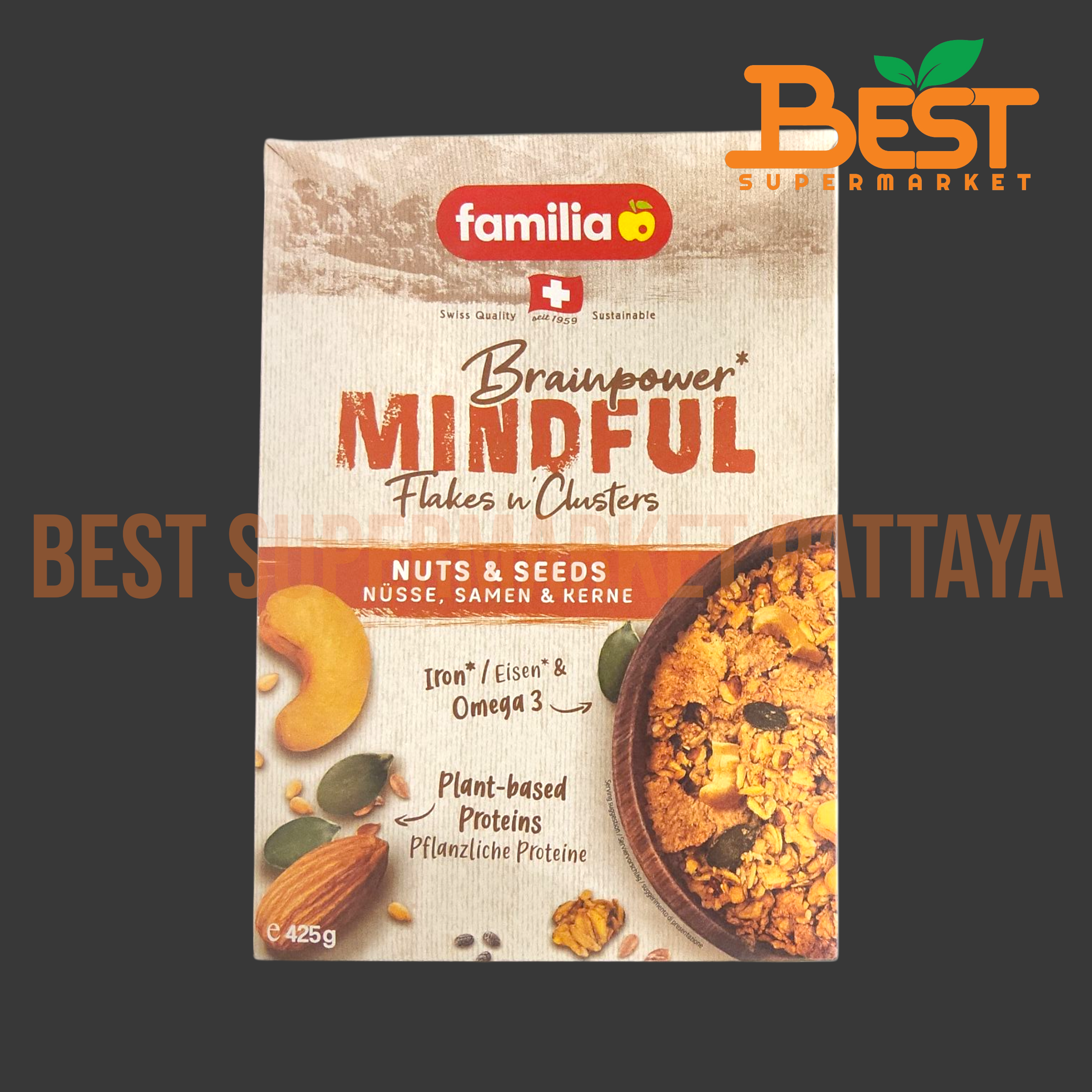 แฟมิเลีย ธัญพืชอบกรอบผสมถั่วและธัญพืชต่างๆ 425 กรัม.Familia Flakes n' Clusters Nut & Seeds 425 g.