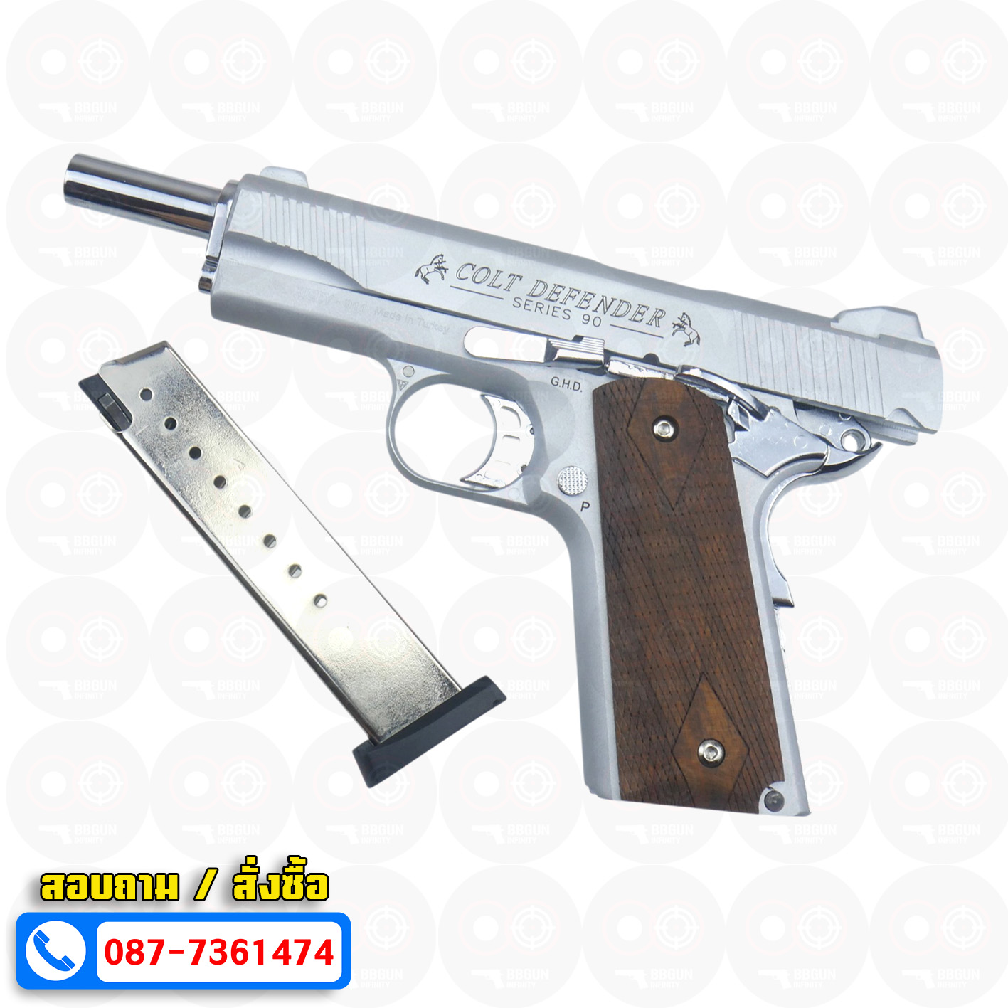 แบลงค์กัน KUZEY M1911 COLT'S DEFENDER SERIES 90 สีเงินด้าน 5 นิ้ว ด้ามไม้ Blank Gun
