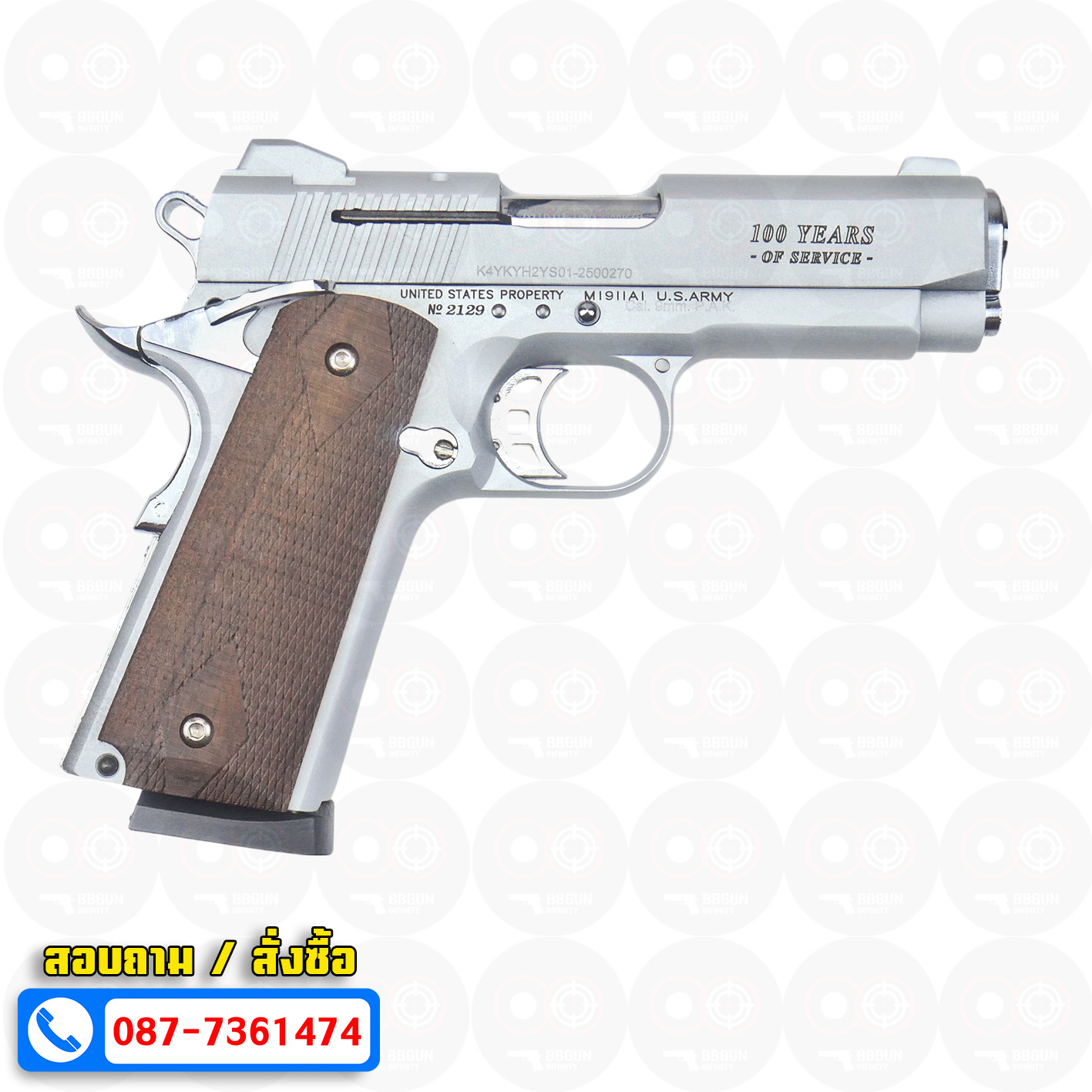 แบลงค์กัน KUZEY M1911 COLT GOVERMENT 100 Year เงินด้าน 4 นิ้ว ด้ามไม้ blank gun