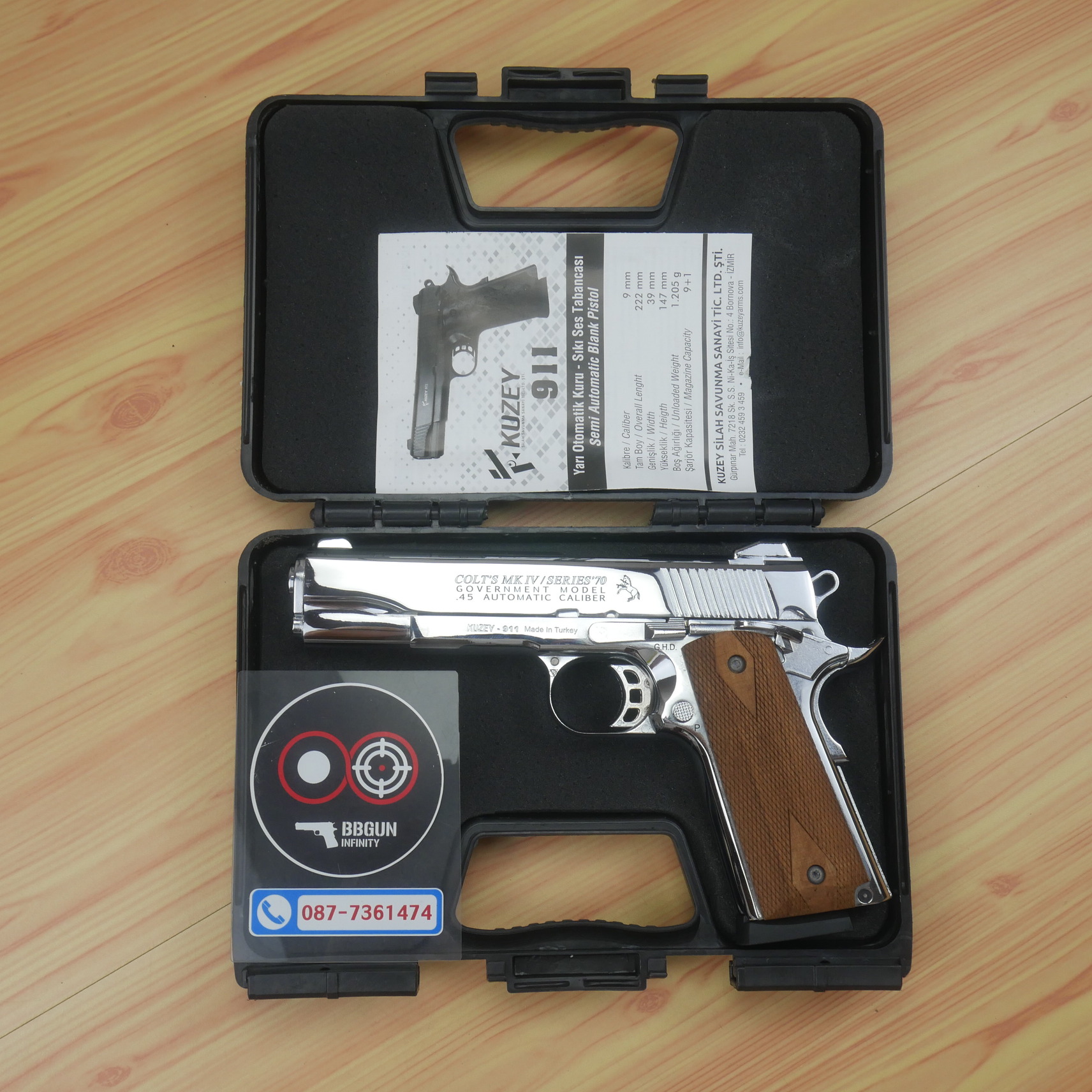 แบลงค์กัน KUZEY M1911 COLT MK IV SR70 สีเงินเงา 5 นิ้ว ด้ามไม้ blank gun