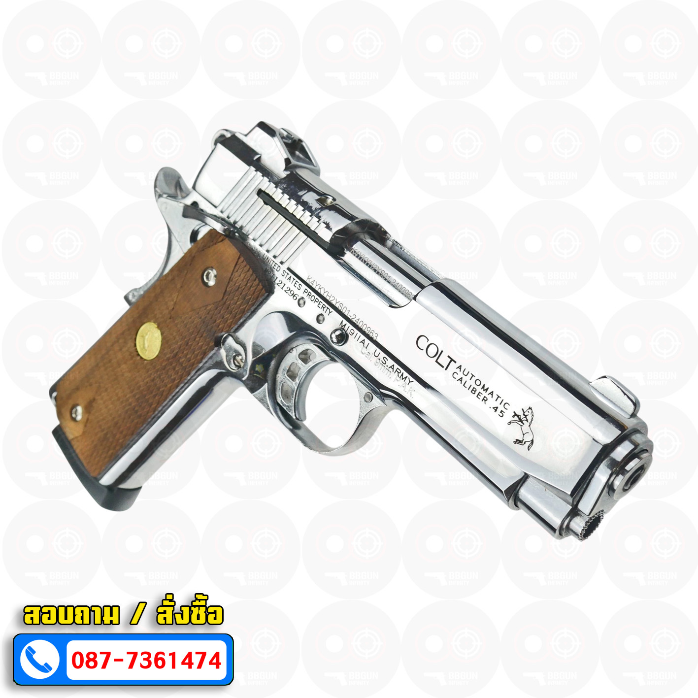 Blank Gun KUZEY M1911 COLT MK IV SERIES 80 ลำกล้อง 4 นิ้ว เงินเงา แบลงค์กัน ด้ามไม้ (แถมกล่องใส่ปืน)
