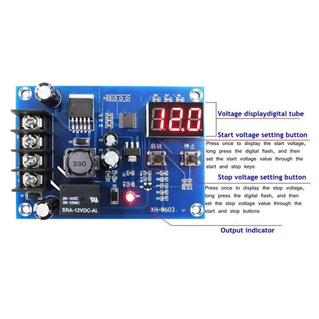 (1ชิ้น) AA480 โมดูลควบคุมการชาร์จแบตเตอรี่ โมดูลต่ำตัดสูงตัดการชาร์จแบตเตอรี่ โมดูลชาร์จแบตลิเธียม 12-24VDC Battery Charging Control Module Protection LED Voltmeter Board XH-M603 12-24V Storage Lithium Battery Charger Control Switch Protection Board With