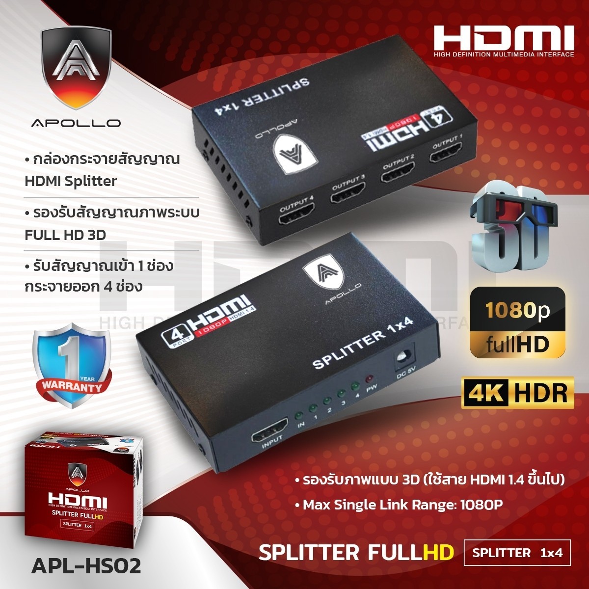 Apollo Splitter HDMI 1 OUT 4 เครื่องแยกสัญญาณ HDMI เข้า 1 ออก4 Full HD
