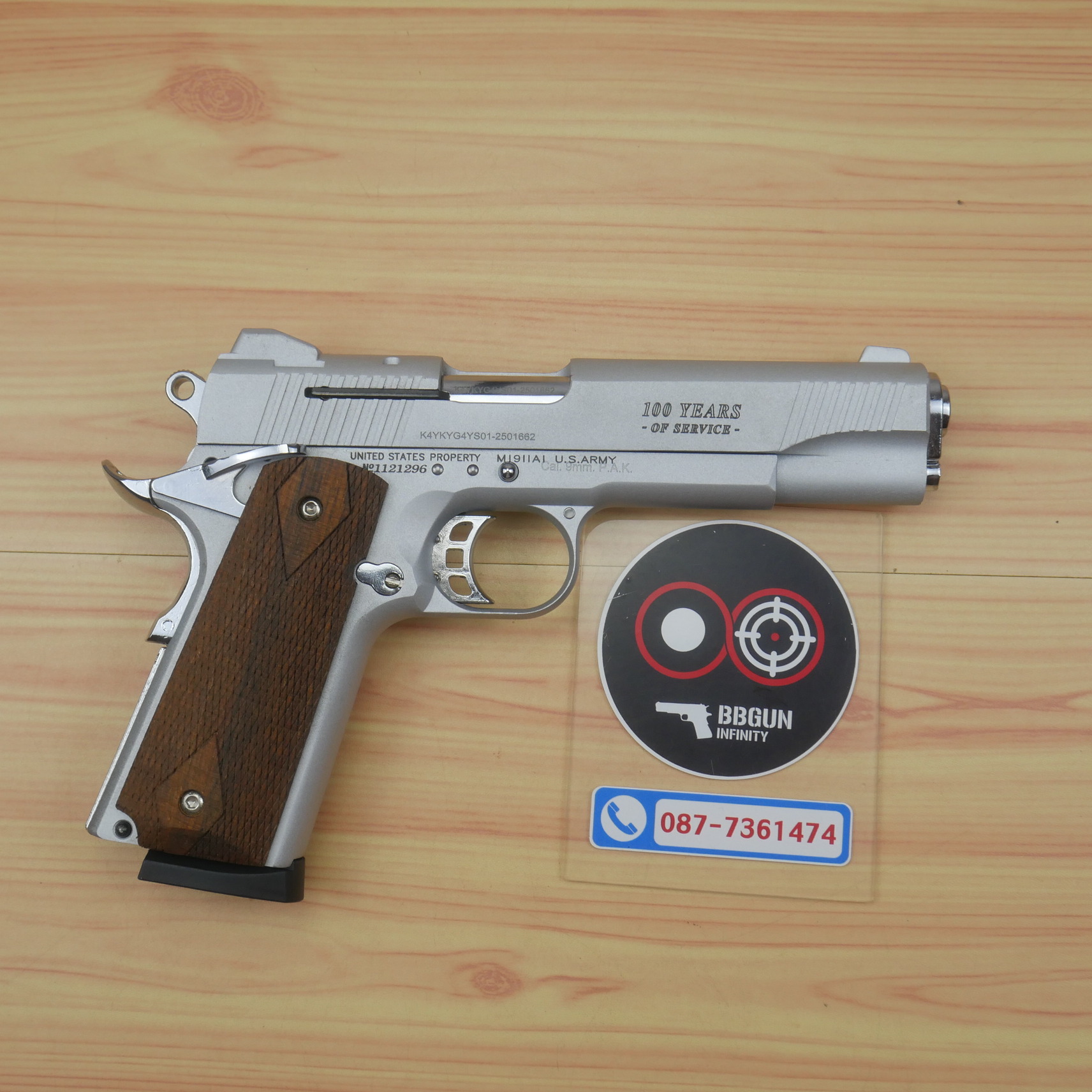 แบลงค์กัน KUZEY M1911 COLT'S 100 ปี สีเงินด้าน 5 นิ้ว ด้ามไม้ blank gun