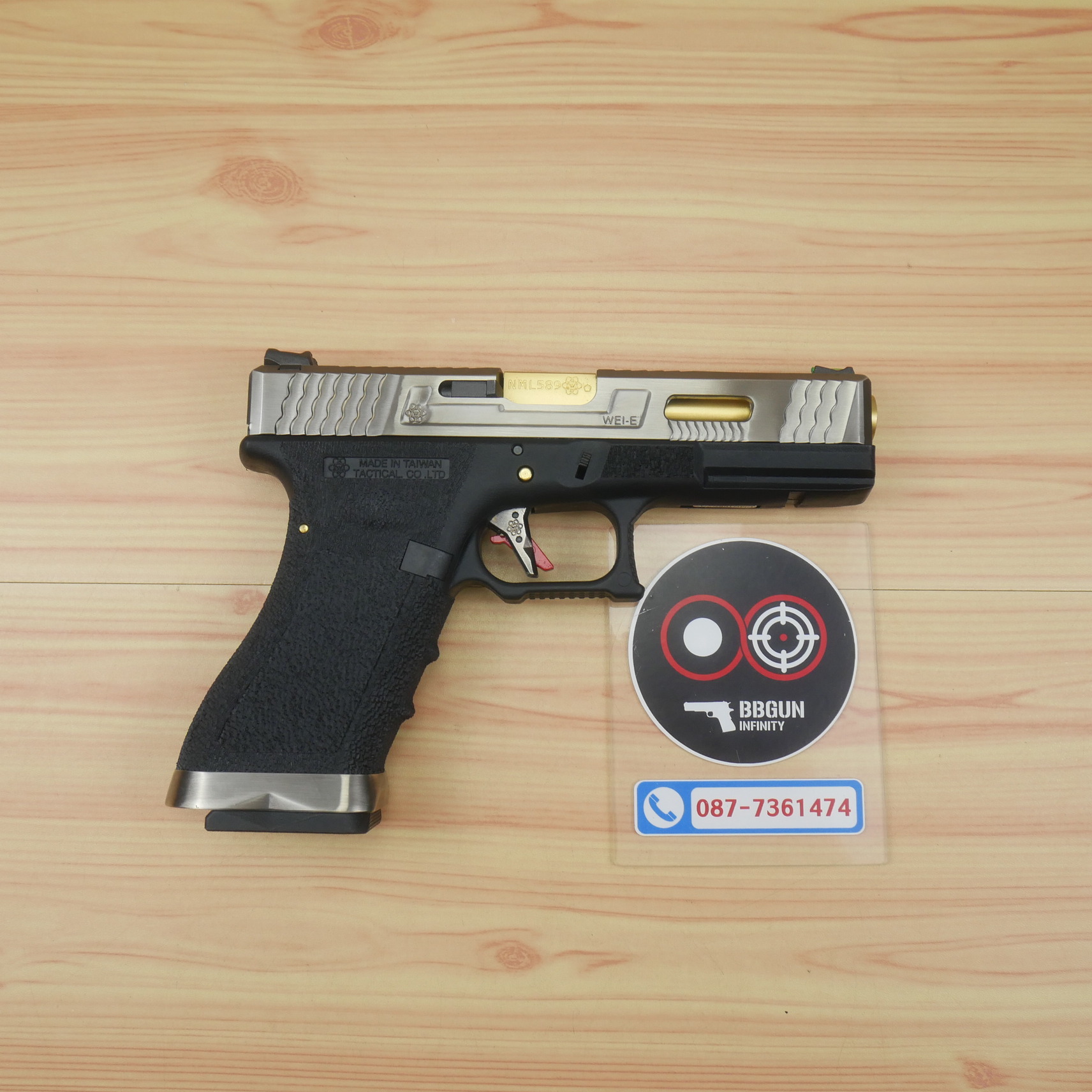 บีบีกันอัดแก๊ส WE Glock 17 T3 G-Force สไลด์เงิน ท่อทอง เฟรมดำ BB GUN