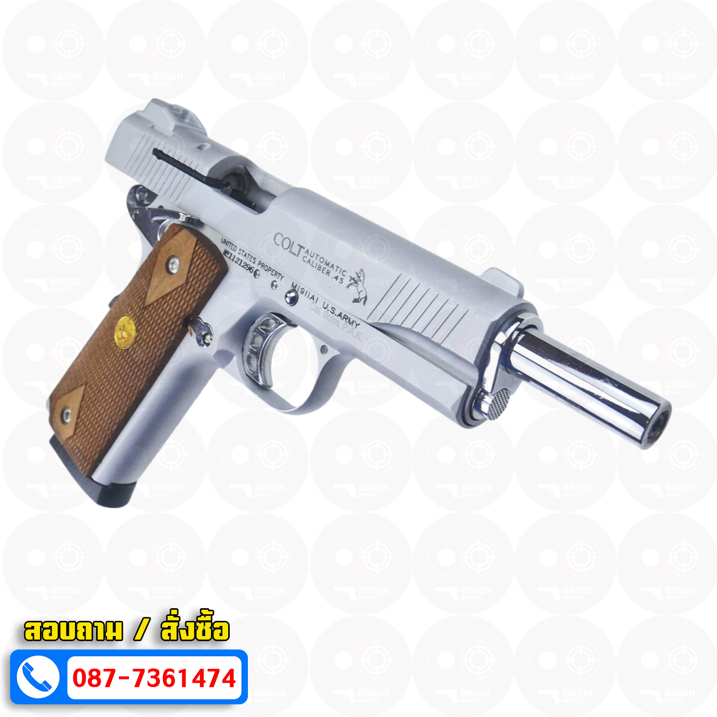 แบลงค์กัน KUZEY M1911 COLT MK IV SR70 สีเงินด้าน 5 นิ้ว ด้ามไม้ (แถมกล่องใส่ปืน) blank gun