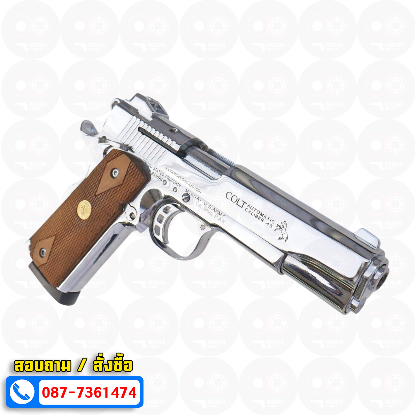 ปืนแบลงค์กัน KUZEY M1911 ลำ 5 นิ้ว COLT'S MK IV SERIES 80 blank gun สีเงินเงา ด้ามไม้ (แถมกล่องใส่ปืน)