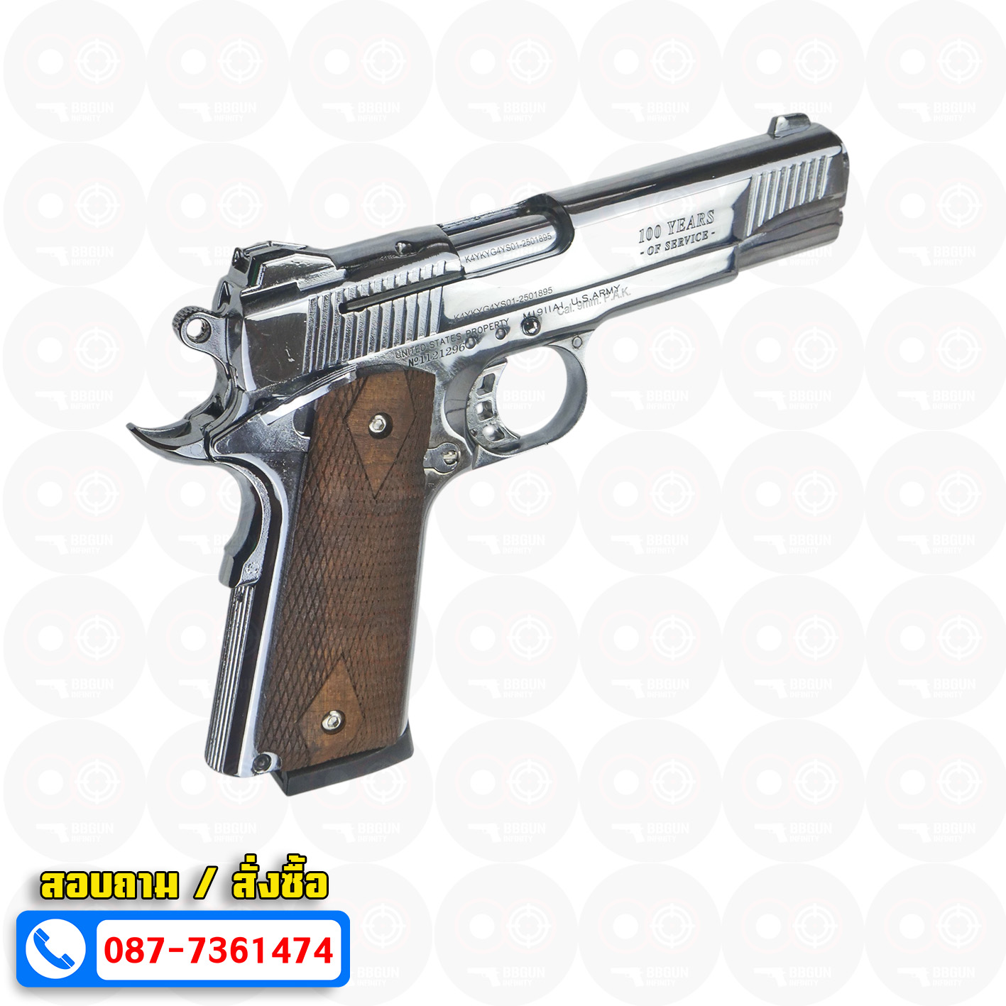 แบลงค์กัน KUZEY M1911 COLT GOVERMENT 100 Year เงินเงา 5 นิ้ว ด้ามไม้ blank gun