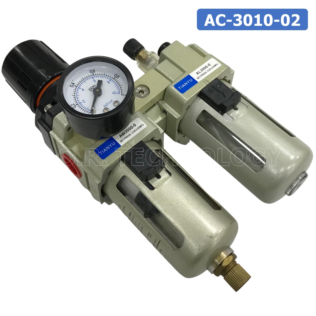 AC3010-02 ชุดกรองลมแบบ 2 ตอน ขนาดเกลียว 1/4" Manual Drain FRL 2 Unit Combination Air Filter, Regulator & Lubricator TIANYU AC-3010-02 G1/4
