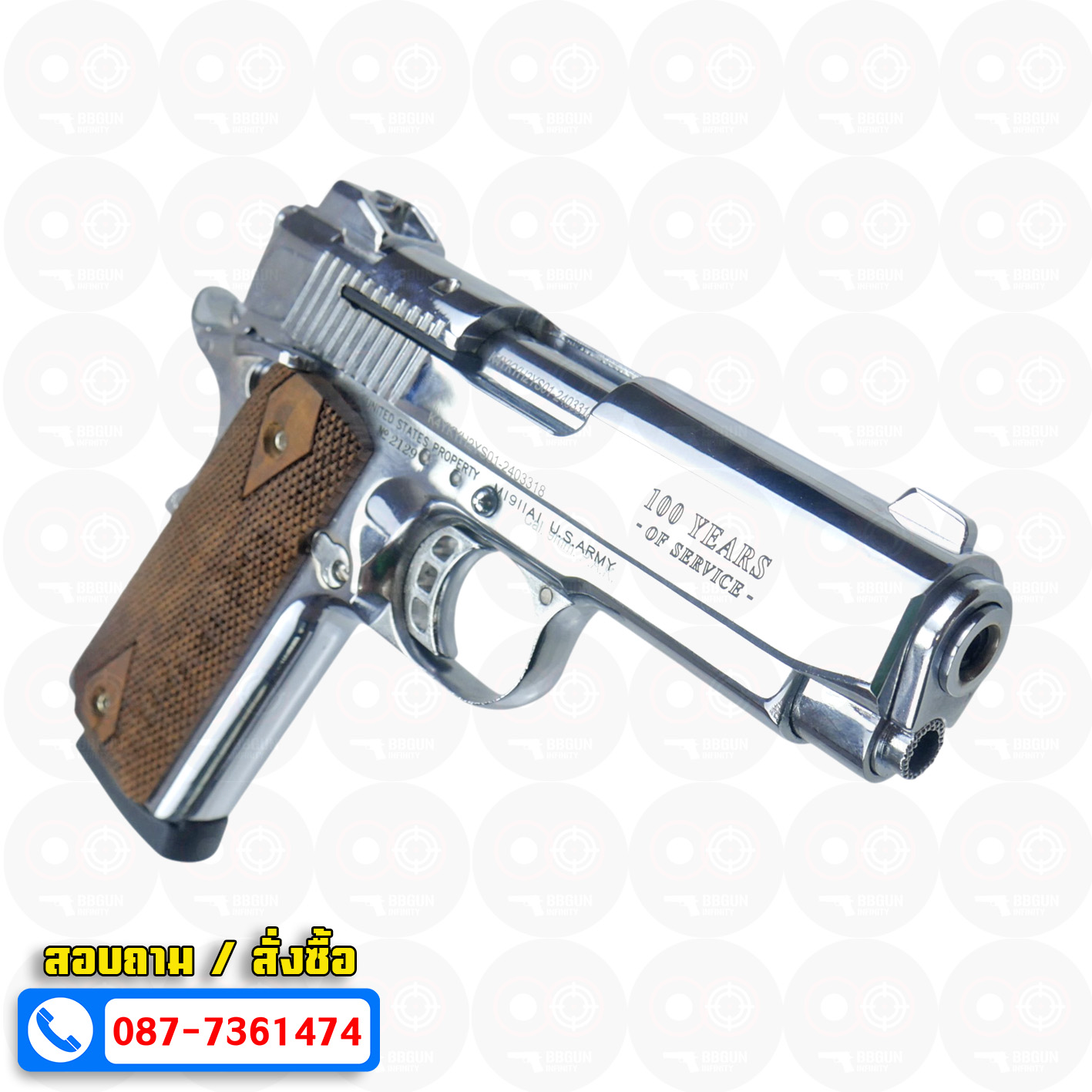 แบลงค์กัน KUZEY M1911 COLT GOVERMENT 100 Year เงินเงา 4 นิ้ว blank gun ด้ามไม้