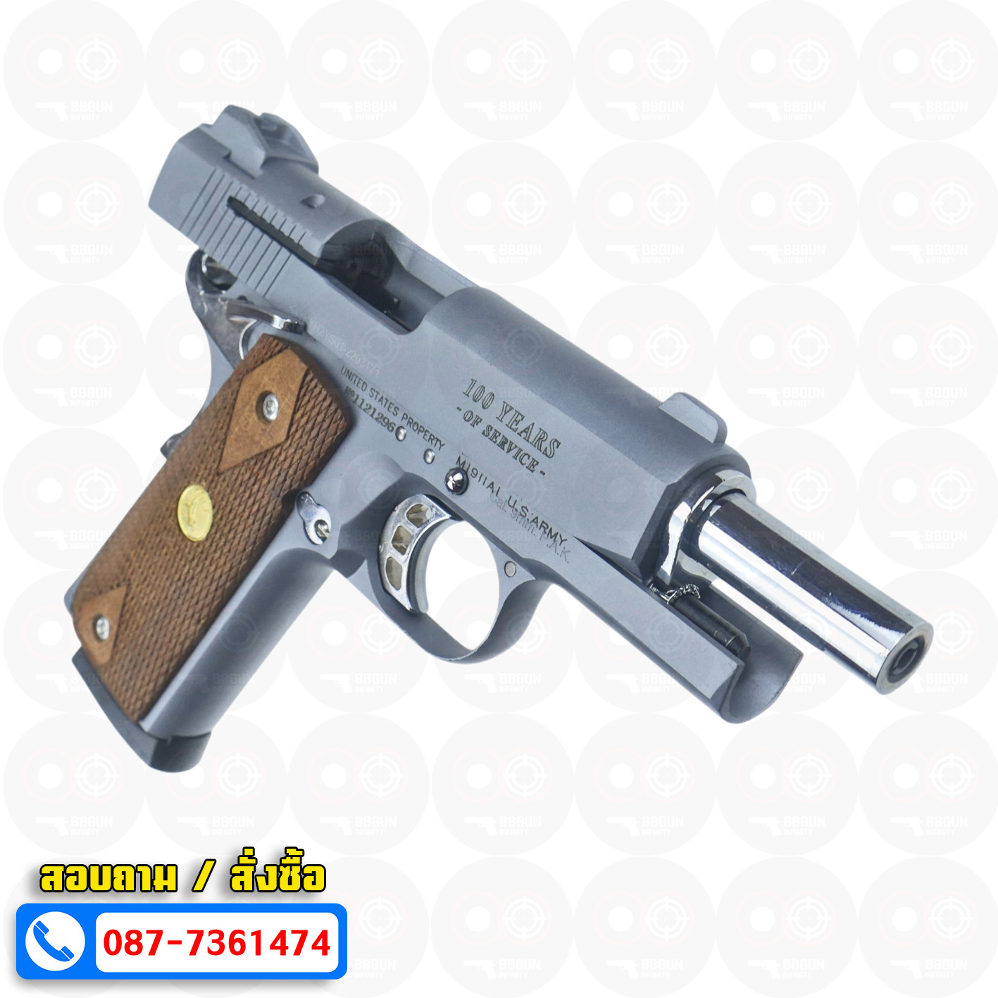 แบลงค์กัน KUZEY M1911 COLT GOVERMENT 100 Year Smoke 4 นิ้ว สีสโมค blank gun ด้ามไม้