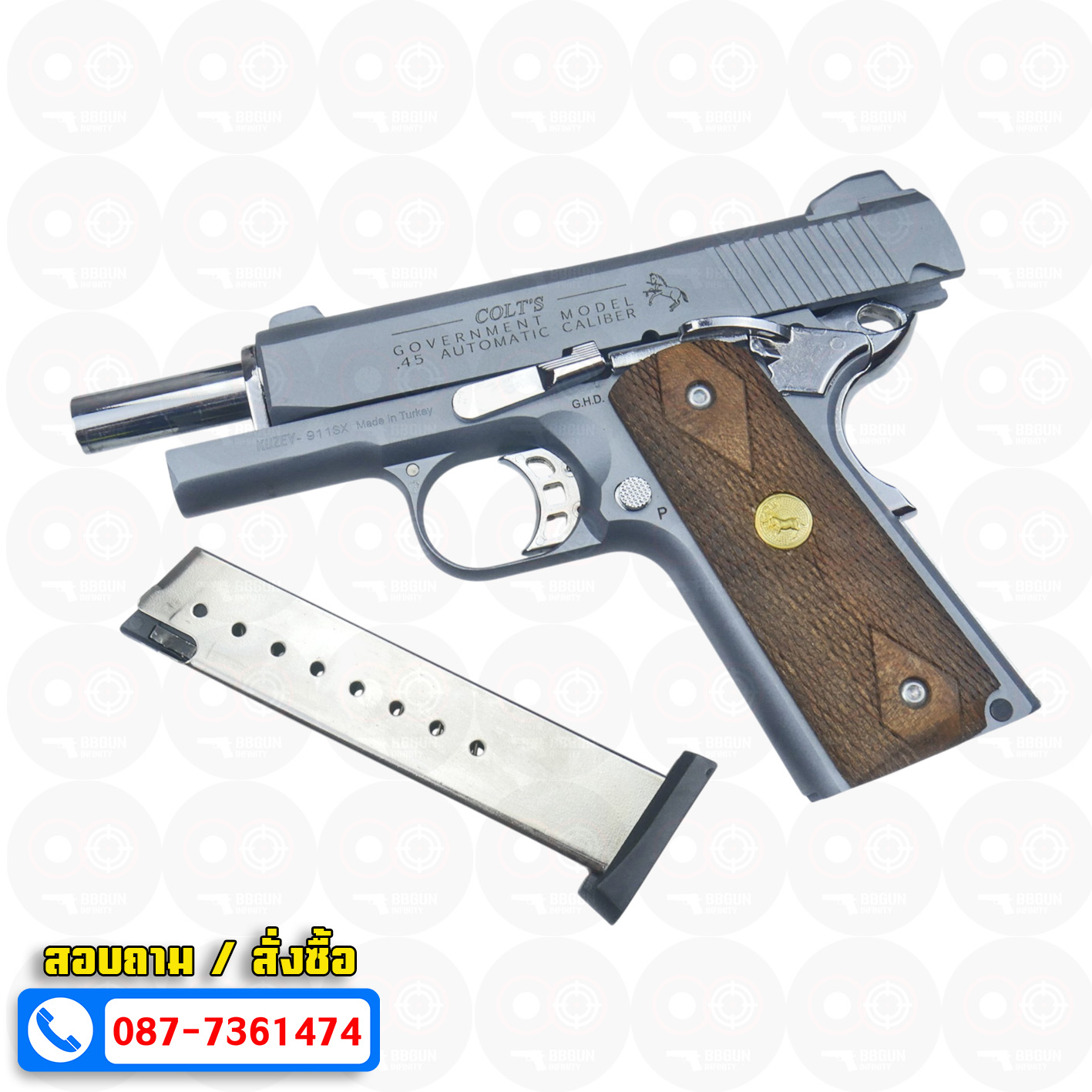 แบลงค์กัน KUZEY M1911 COLT GOVERMENT 100 Year Smoke 4 นิ้ว สีสโมค blank gun ด้ามไม้