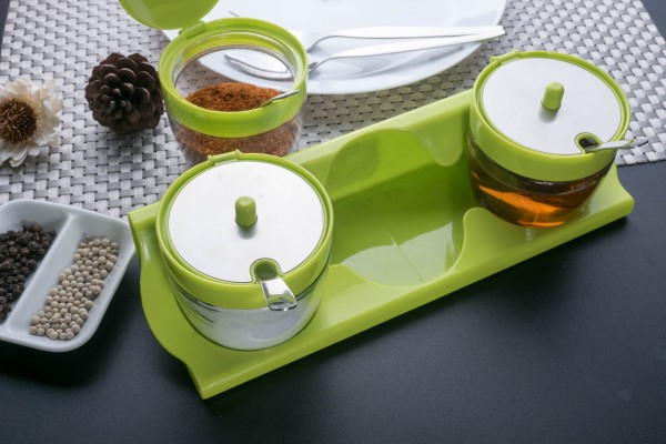 CPH6GN ชุดถ้วยใส่เครื่องปรุงพร้อมฐานวาง 3 ช่อง (เขียว)