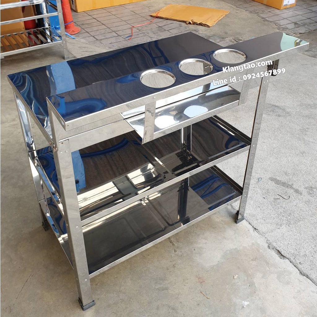โต๊ะวางเตาแก๊สสแตนเลส 2 หัวเตา (2 ชั้น เรียบ) มีรูใส่ขวดน้ำปลา ขนาด 85*76*48 cm ยังไม่รวมรูใส่ขวดน้ำปลา