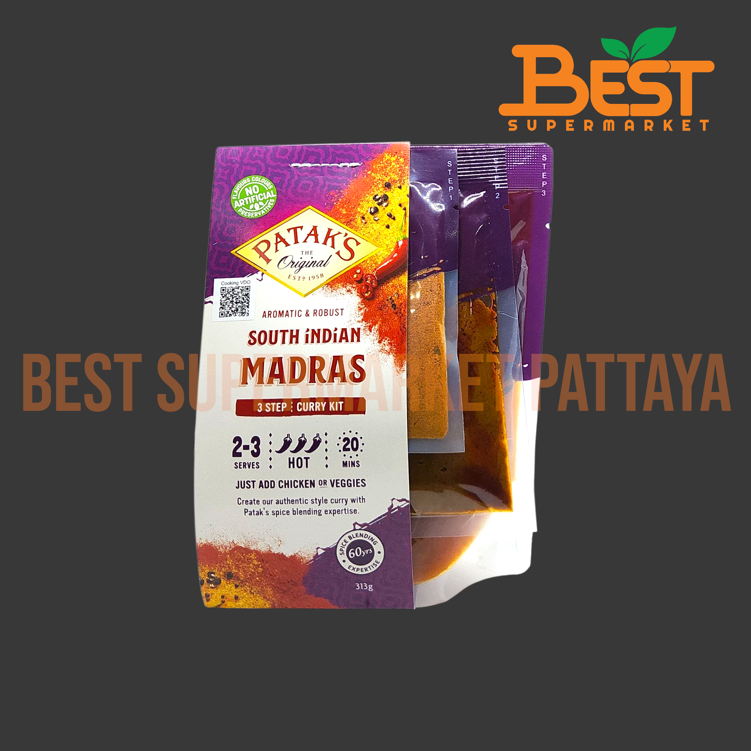 พาทักส์ ชุดเครื่องแกงมาดราส พร้อมปรุงแบบ 3 ขั้นตอน 313 กรัม.Madras Paste (Ready to Cook) 3 Step . Patak's Brand