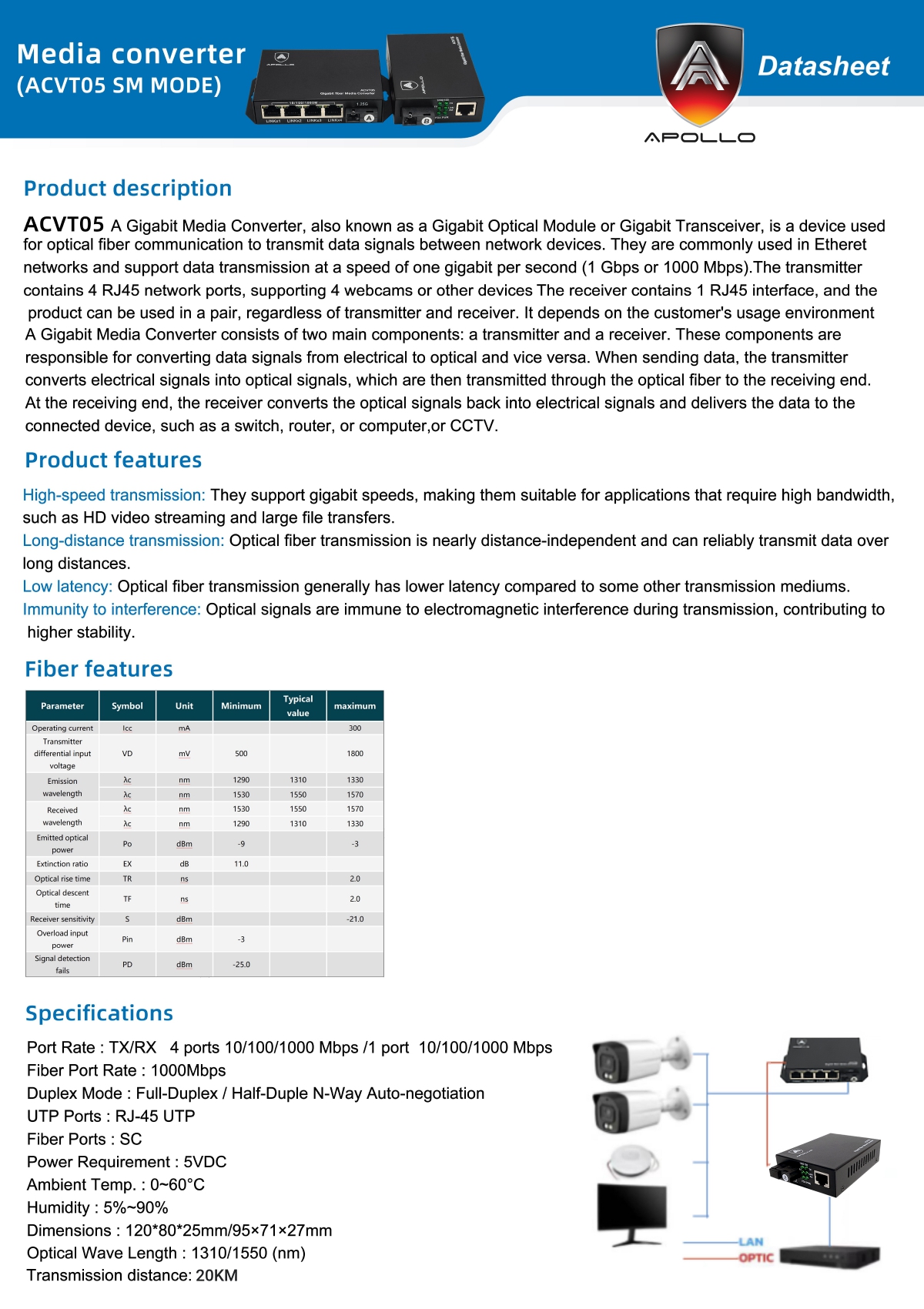 ACVT-05 10/100/1000M 20KM Media Converter RJ45 4 Ports