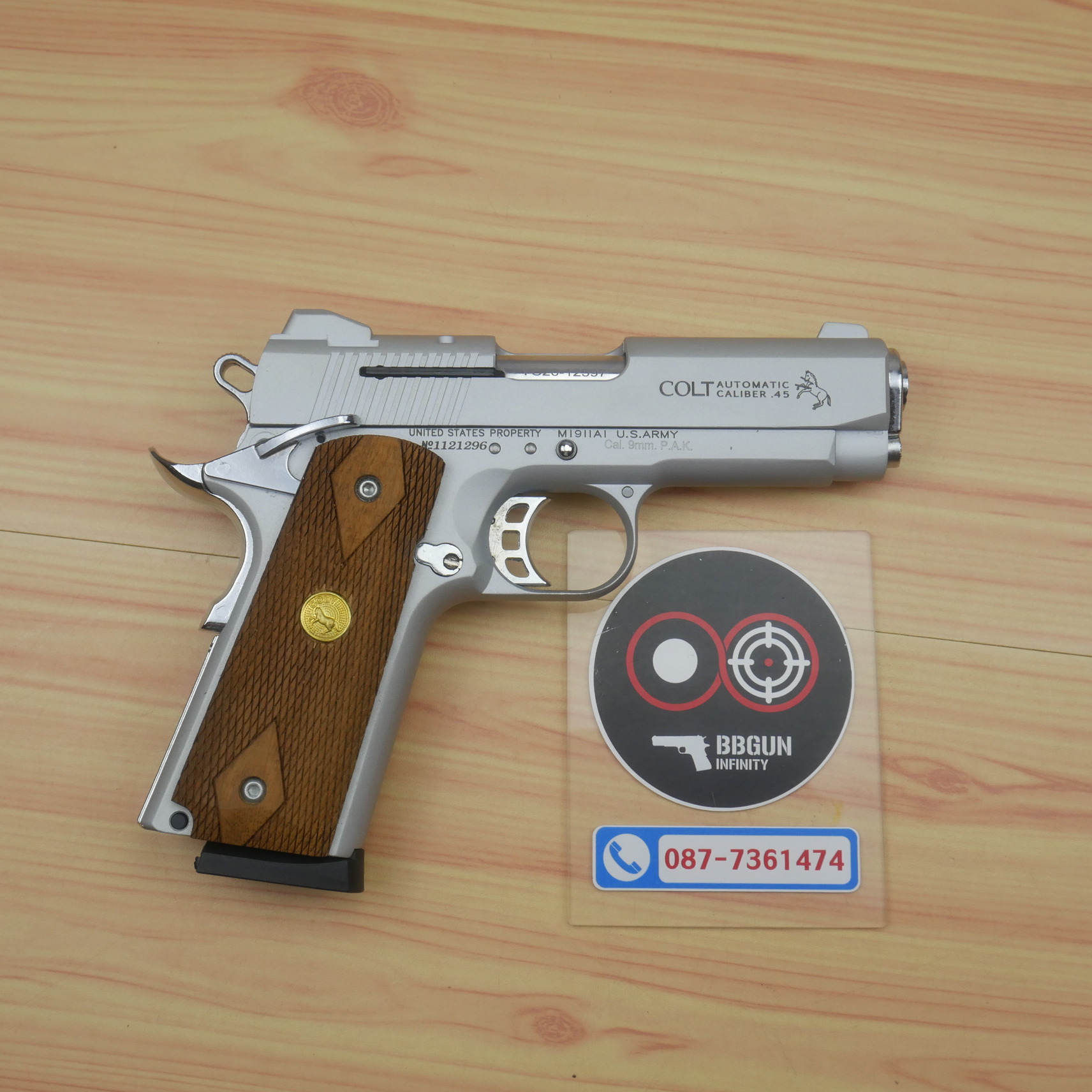 Blank Gun KUZEY M1911 COLT MK IV SERIES 80 ลำกล้อง 4 นิ้ว เงินด้าน แบลงค์กัน ด้ามไม้ (แถมกล่องใส่ปืน)