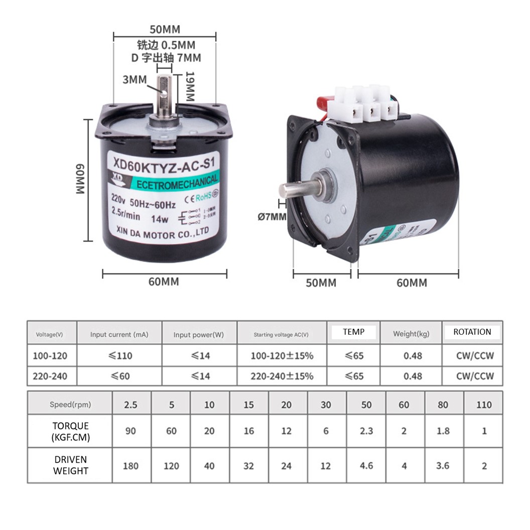 XD60KTYZ 2.5RPM-110RPM AC 220V ซิงโครนัสมอเตอร์ มอเตอร์เกียร์ 14W Synchronous Motor AC 60KTYZ Gear Reduction มอเตอร์แม่เหล็กไฟฟ้าถาวร Permanent Magnet Motor มอเตอร์รอบช้า รอบต่ำ