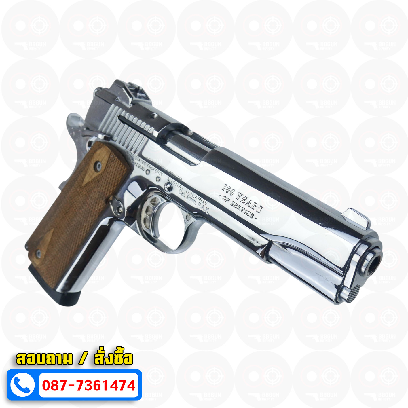 แบลงค์กัน KUZEY M1911 COLT GOVERMENT 100 Year เงินเงา 5 นิ้ว blank gun ด้ามไม้